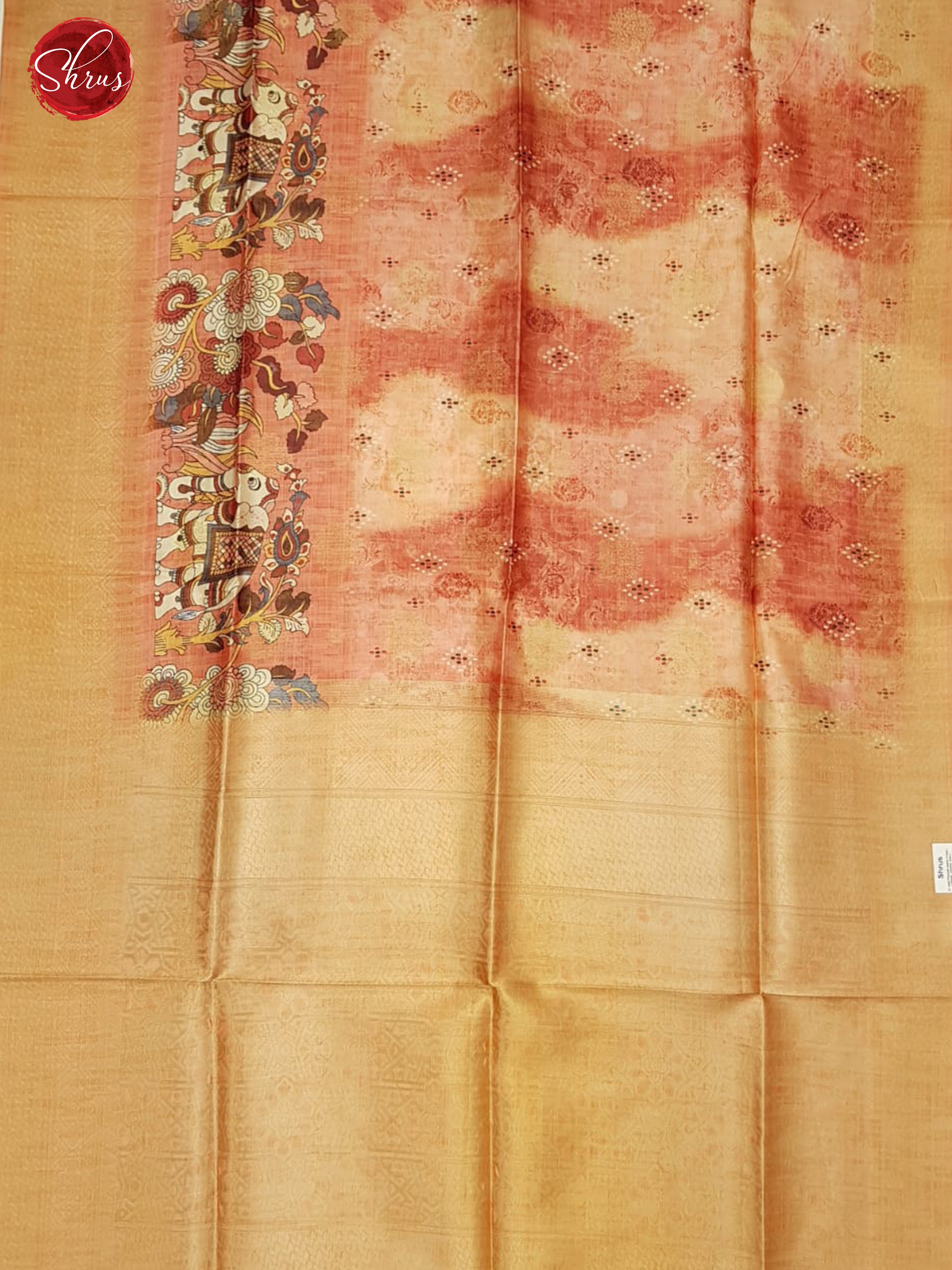Peach(Single Tone)-  Semi Dupion with kalamkari floral print on the body &  zari Border - Shop on ShrusEternity.com