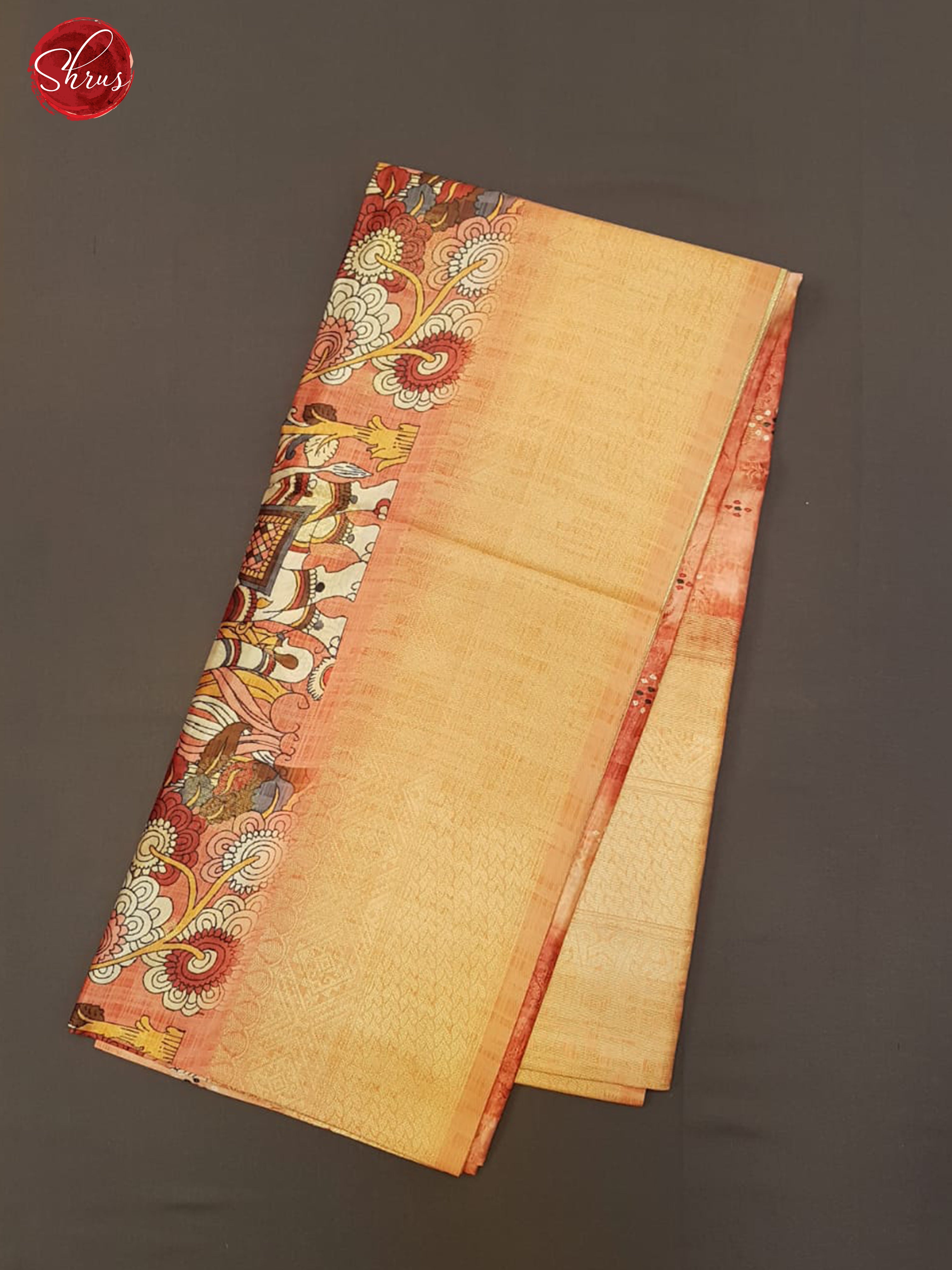 Peach(Single Tone)-  Semi Dupion with kalamkari floral print on the body &  zari Border - Shop on ShrusEternity.com