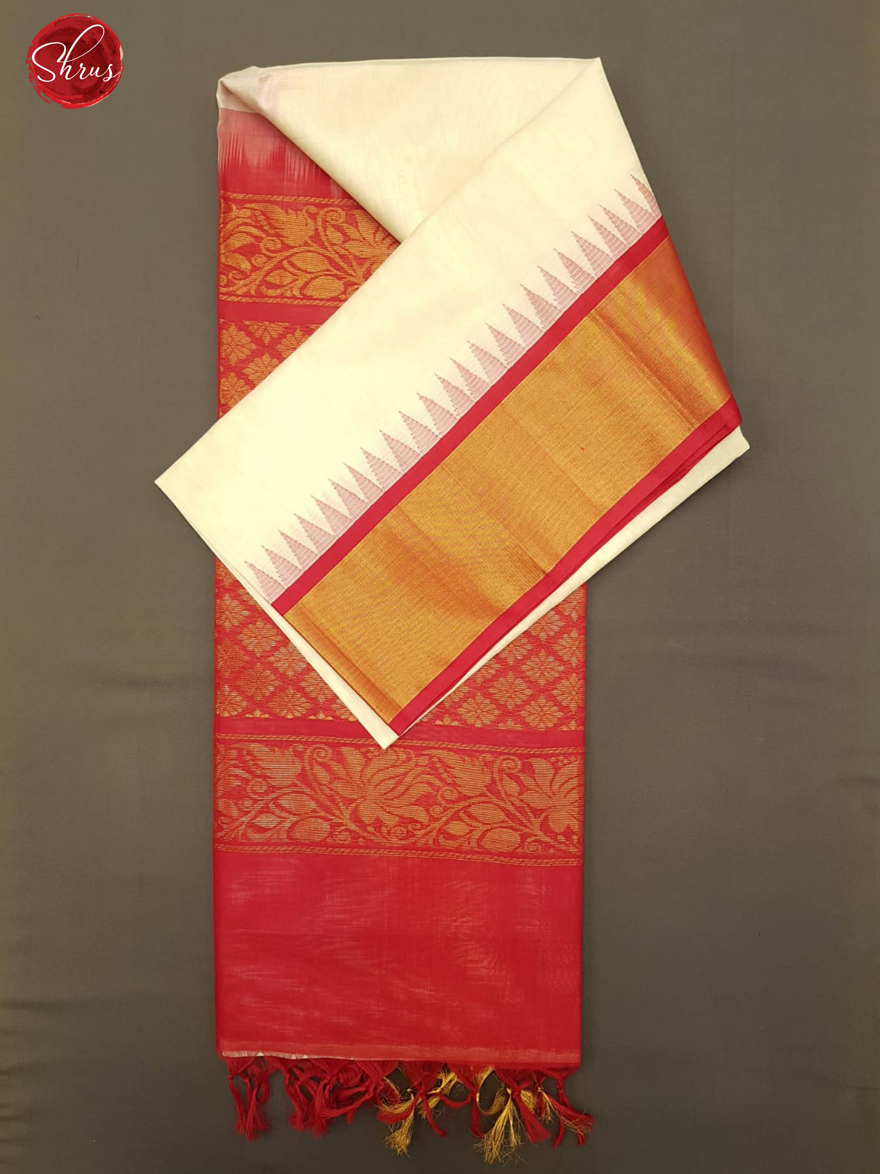 Cream & Red -Silk Cotton with plain Body & Contrast Zari border - Shop on ShrusEternity.com