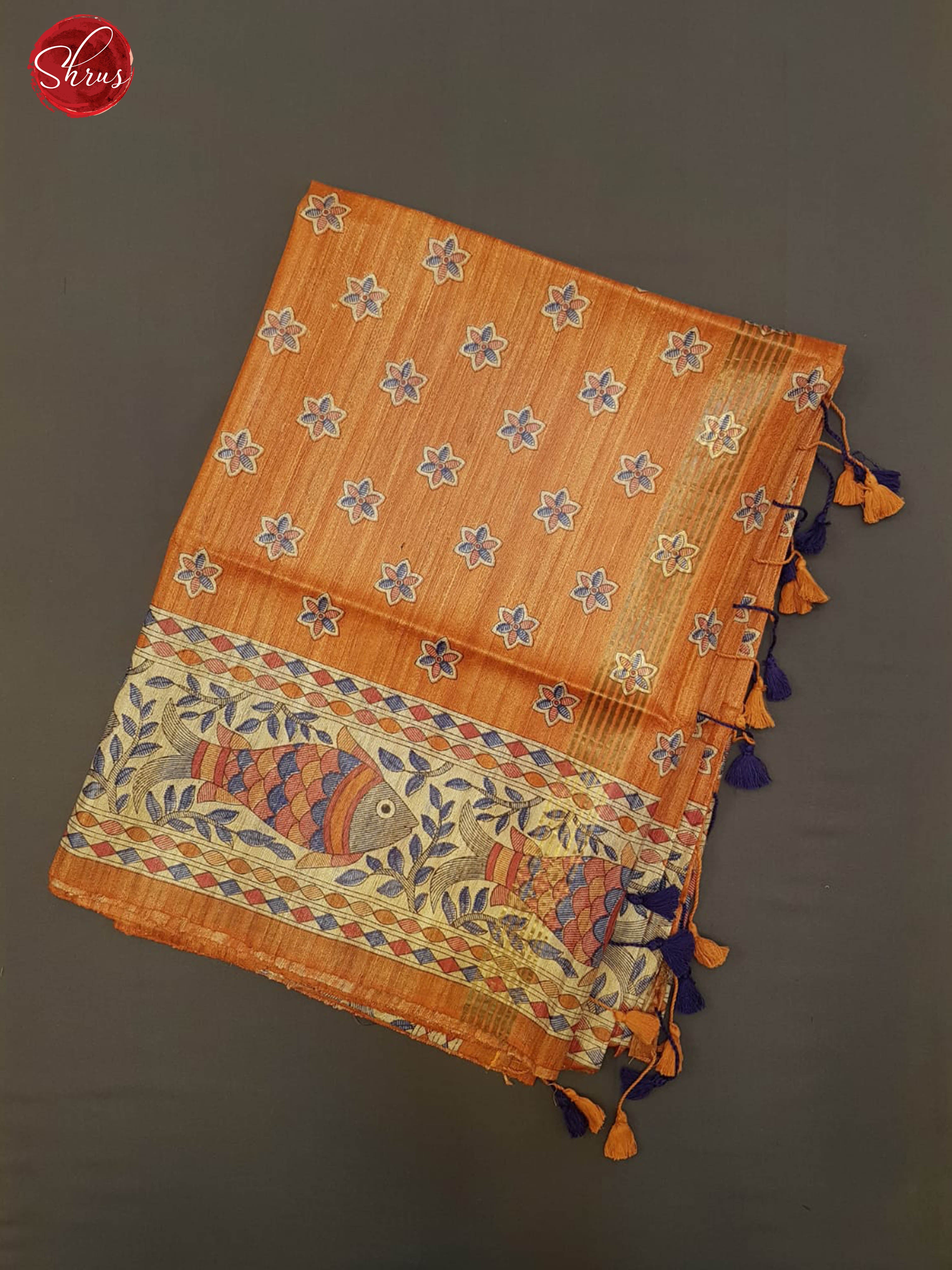 Orange  & Cream-  Ghicha Tussar with floral print on the body & contrast Zari Border - Shop on ShrusEternity.com