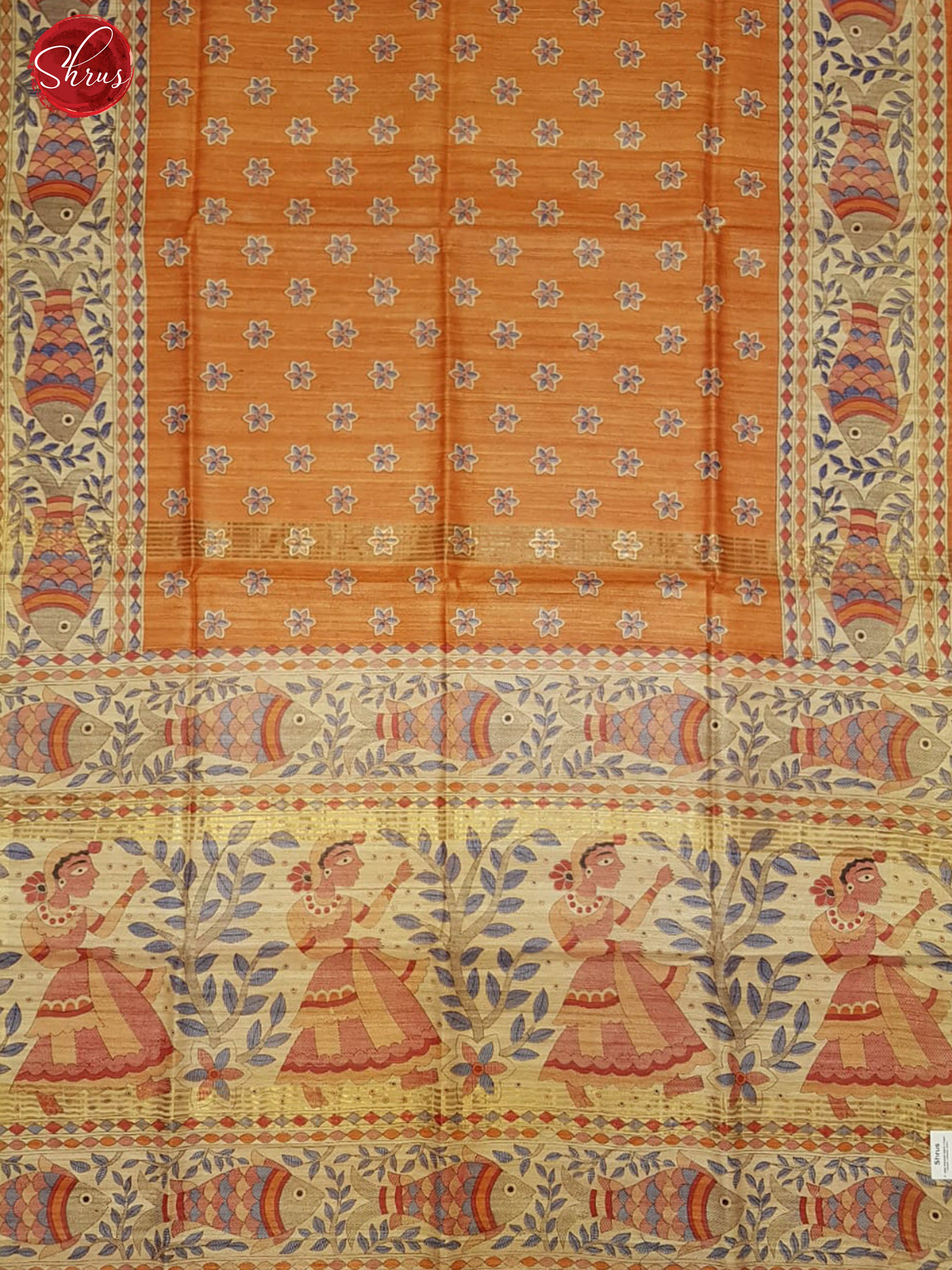 Orange  & Cream-  Ghicha Tussar with floral print on the body & contrast Zari Border - Shop on ShrusEternity.com