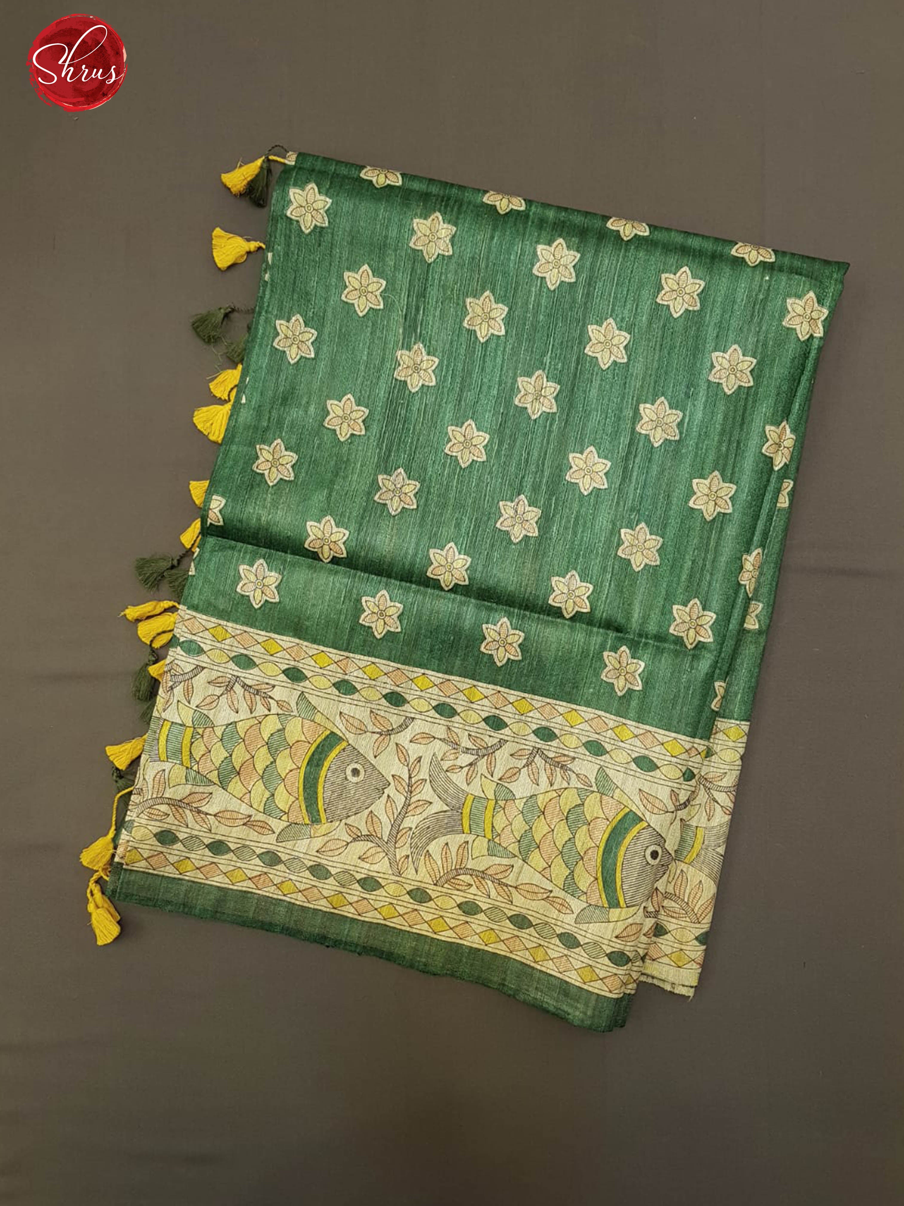 Green & Cream - Gicha Tussar with floral print on the body & Madhubani paint - Shop on ShrusEternity.com