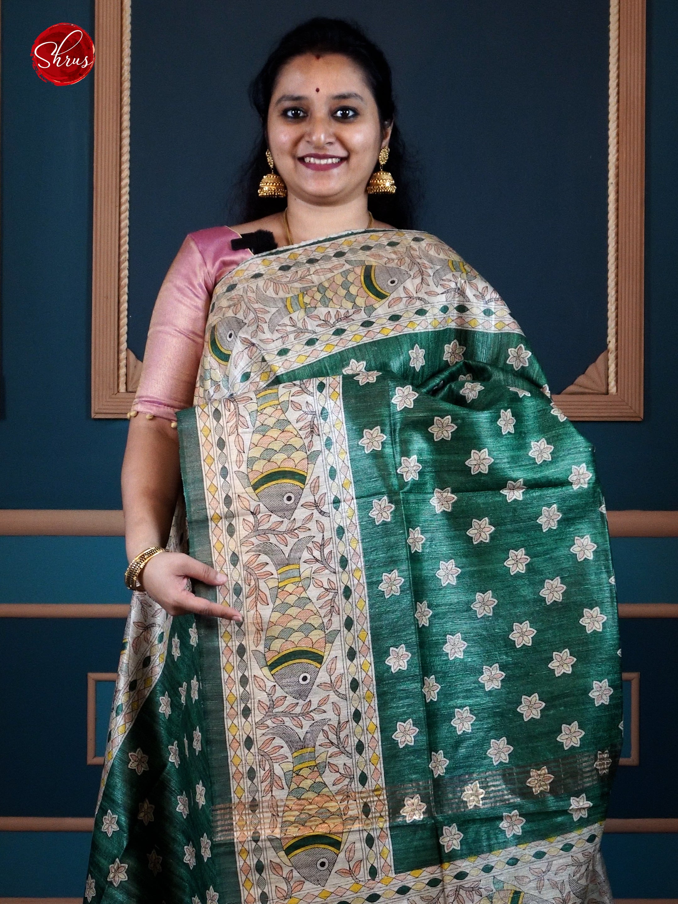 Green & Cream - Gicha Tussar with floral print on the body & Madhubani paint - Shop on ShrusEternity.com