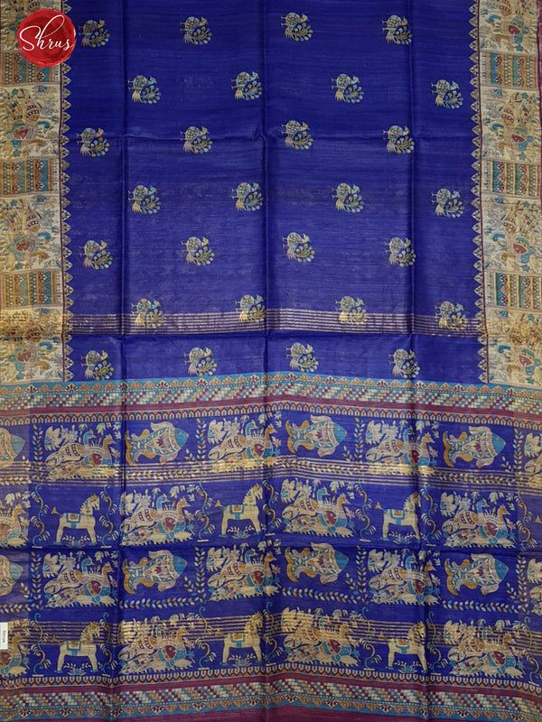 Blue & Cream- Gicha Tussar with Peacock  print & Mandhubani paint border - Shop on ShrusEternity.com