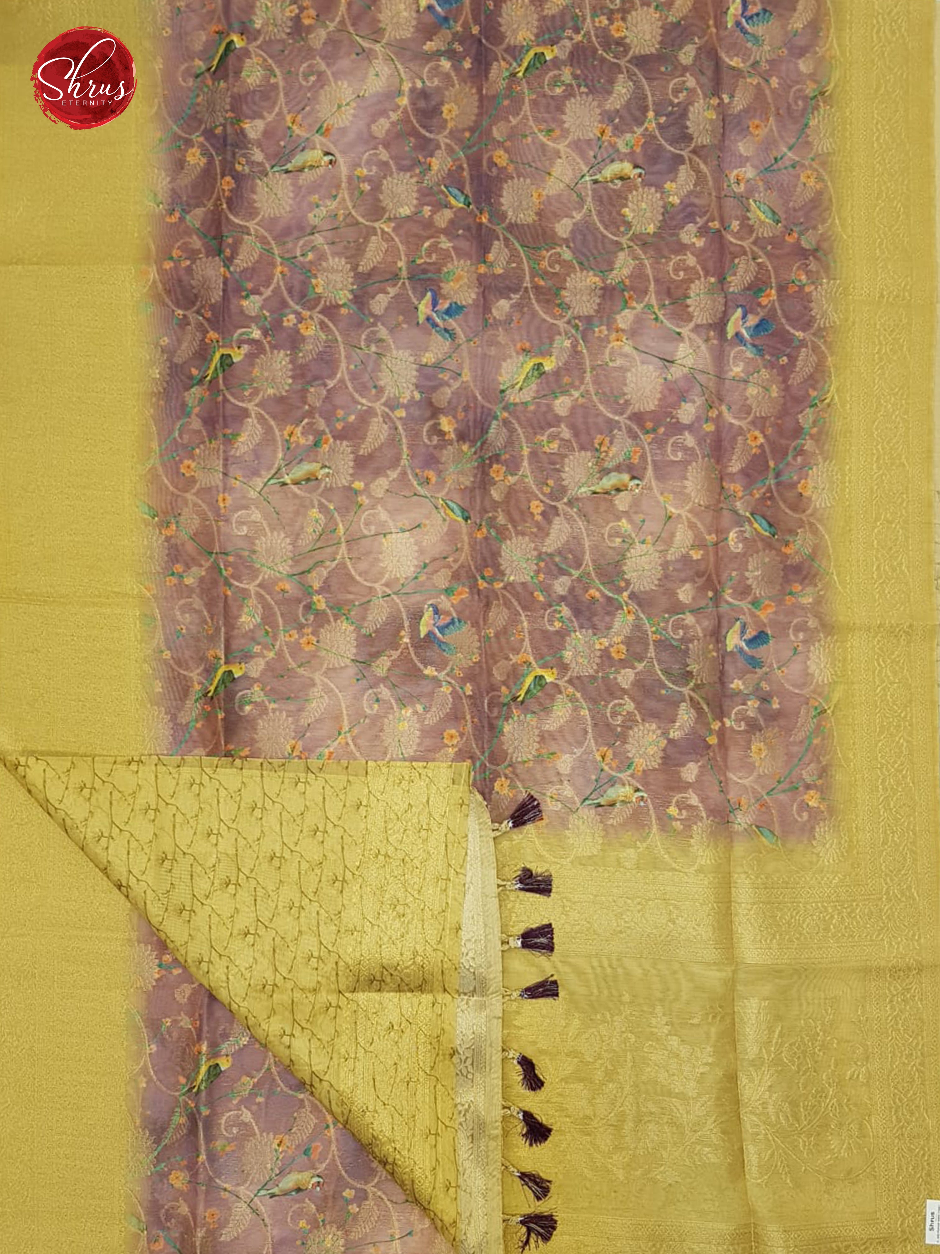 Purple & Dull Gold - Semi Jute with floral  Print , zari floral nestling on the  Body & zari Border - Shop on ShrusEternity.com