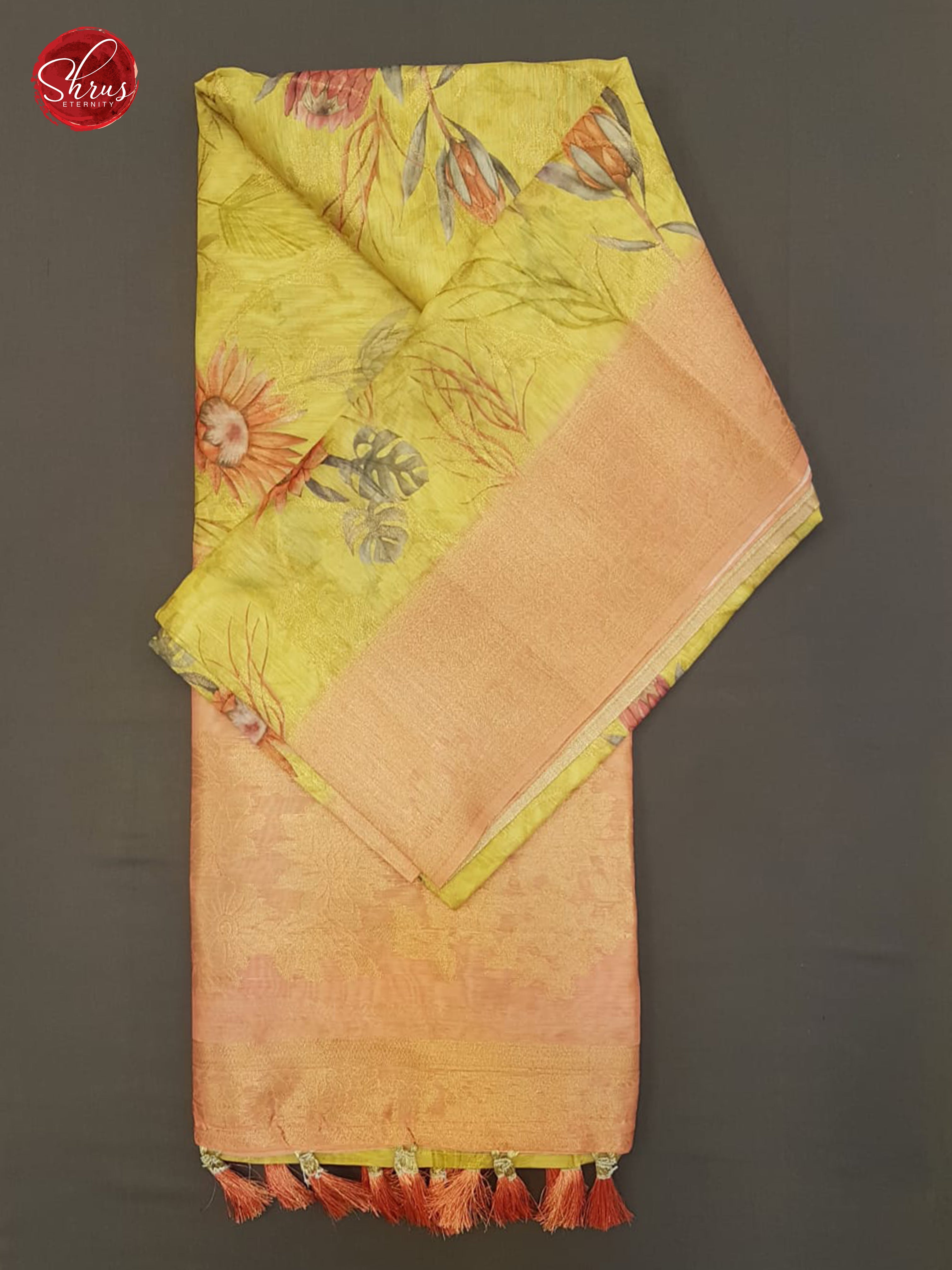 Yellow & Peach- Semi Jute with floral  Print , zari floral nestling on the  Body & zari Border - Shop on ShrusEternity.com