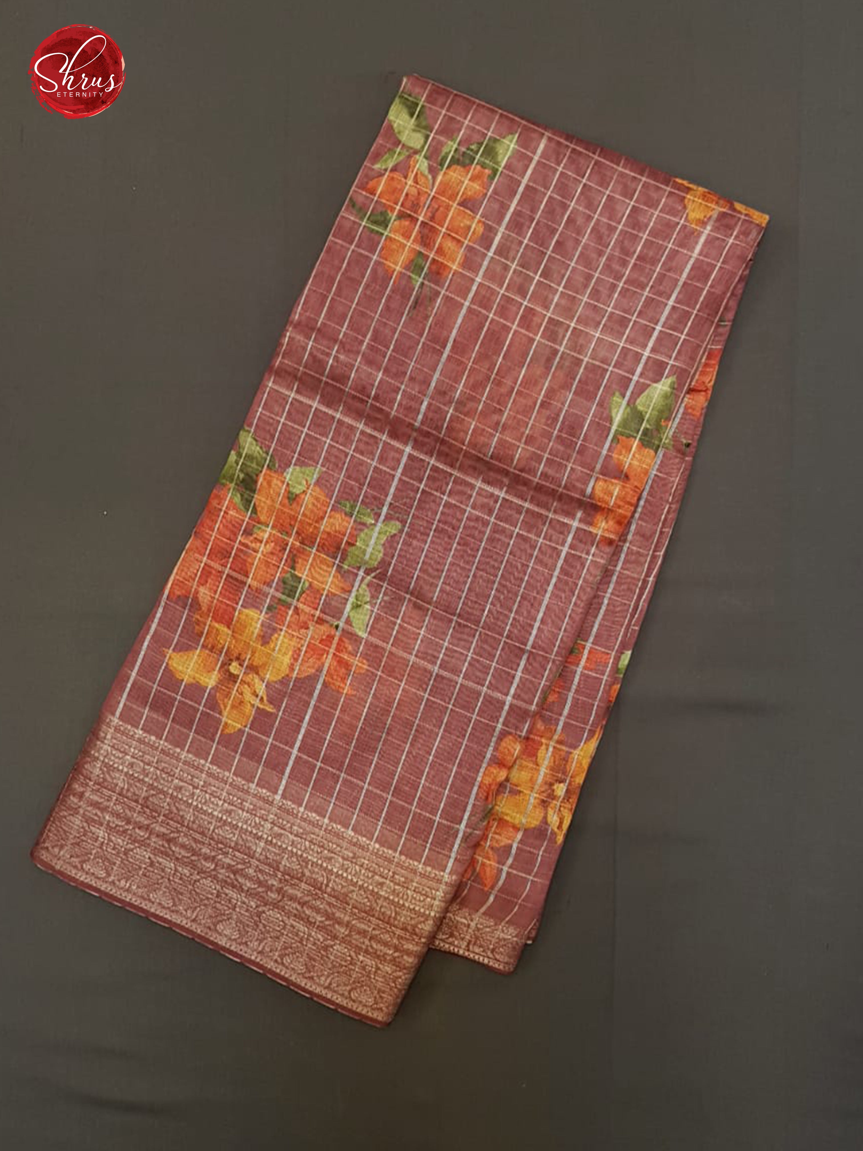 Maroon(Single tone)-  Semi Chanderi with floral print , zari checks on the body & Gold zari Border - Shop on ShrusEternity.com