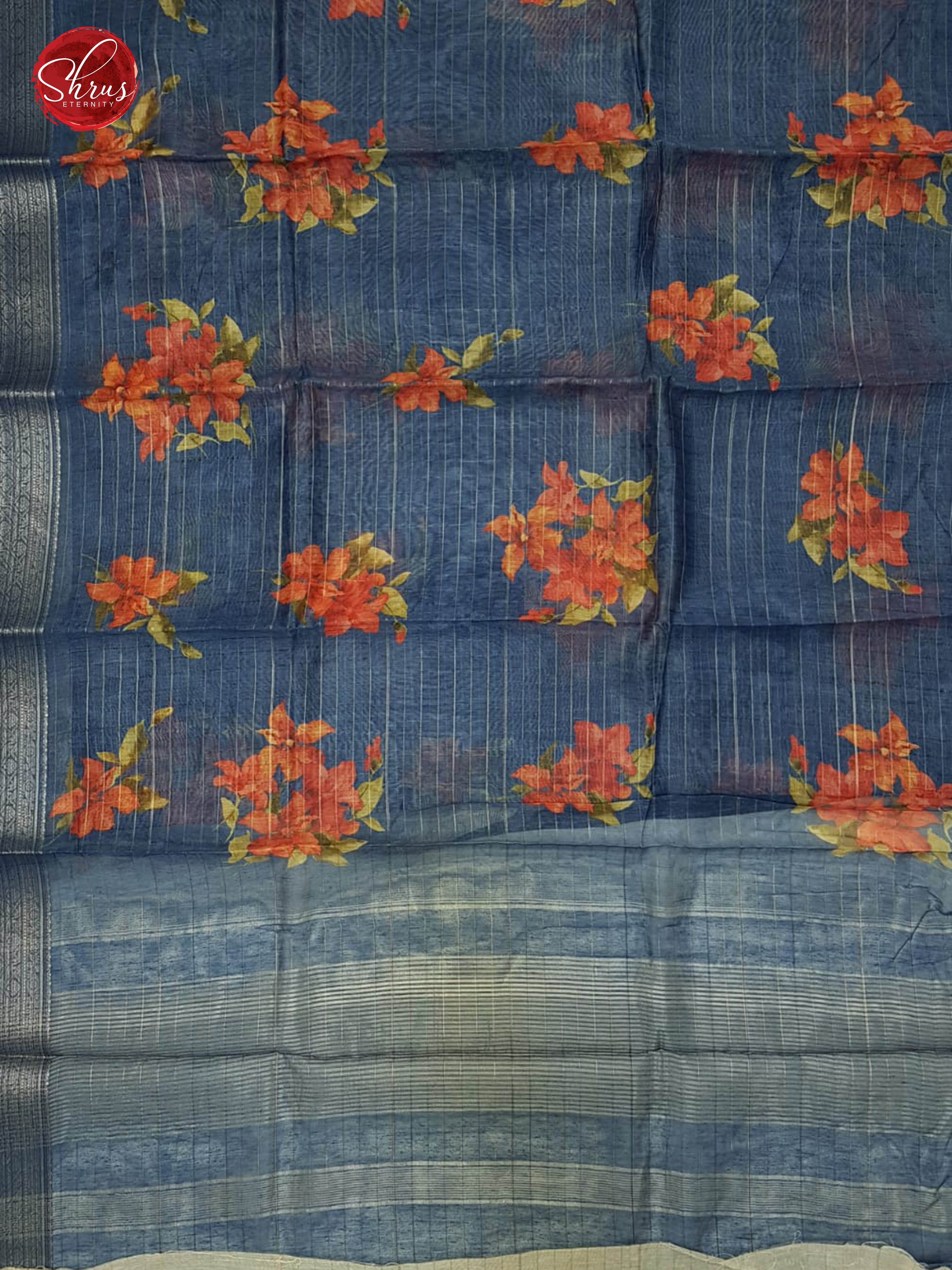 Blue(Single tone) -Semi Chanderi with floral print, zari checks on the body  & Gold zari Border - Shop on ShrusEternity.com