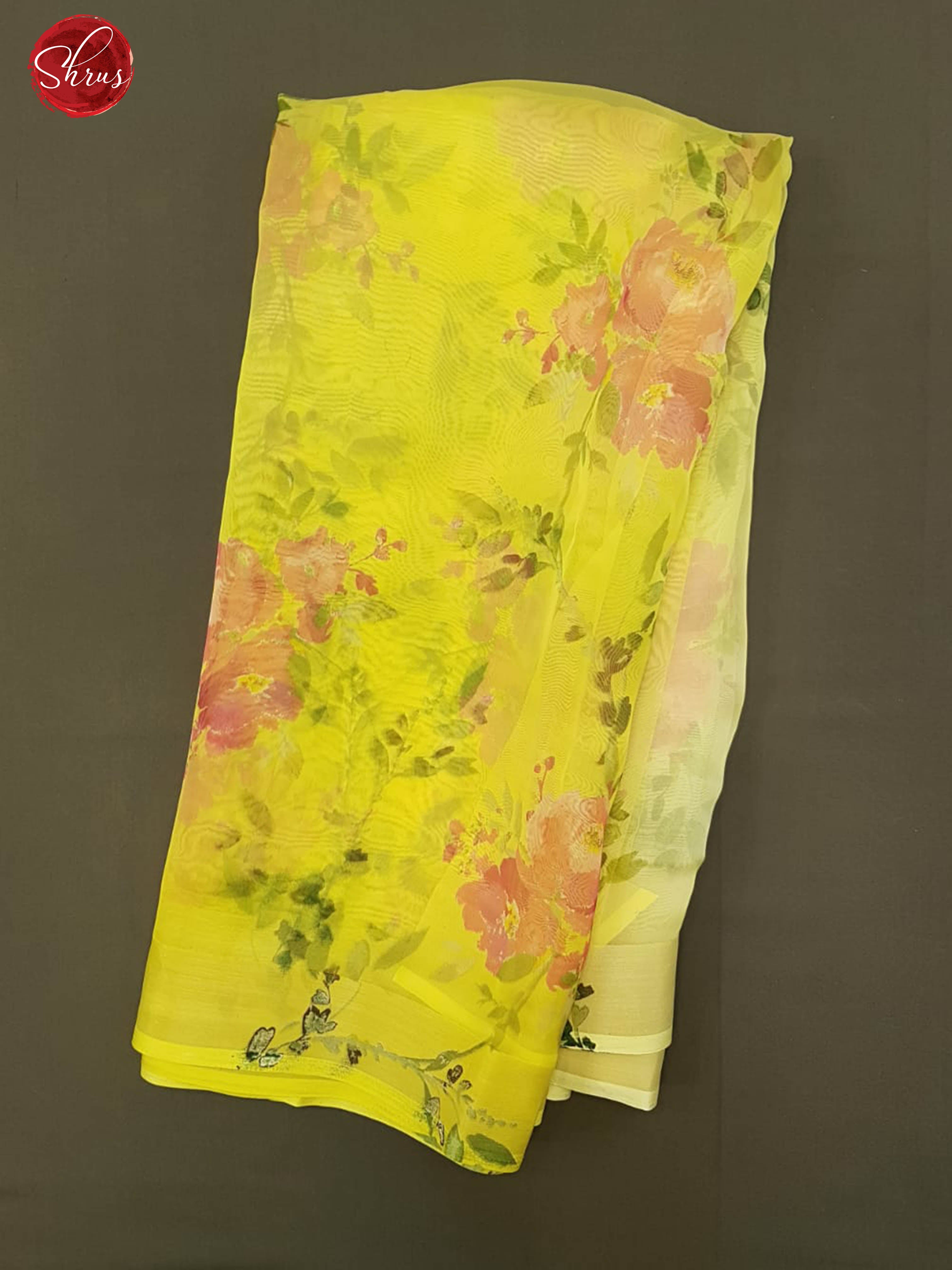 Cream & Yellow -Semi Organza with floral print on the body &amp; zari Border - Shop on ShrusEternity.com