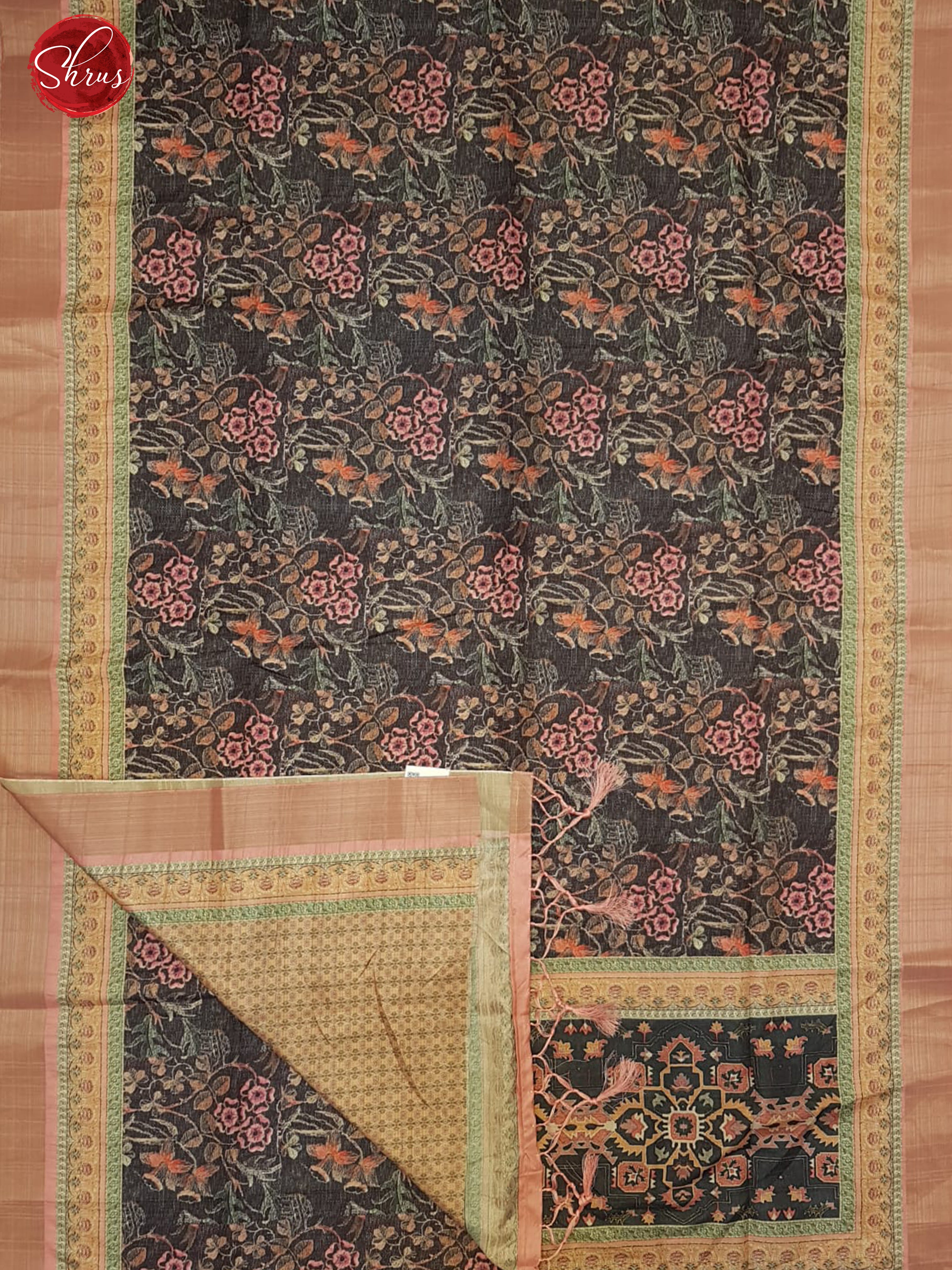 Black & Peach - Semi Tussar with floral print on the body & Zari Border - Shop on ShrusEternity.com