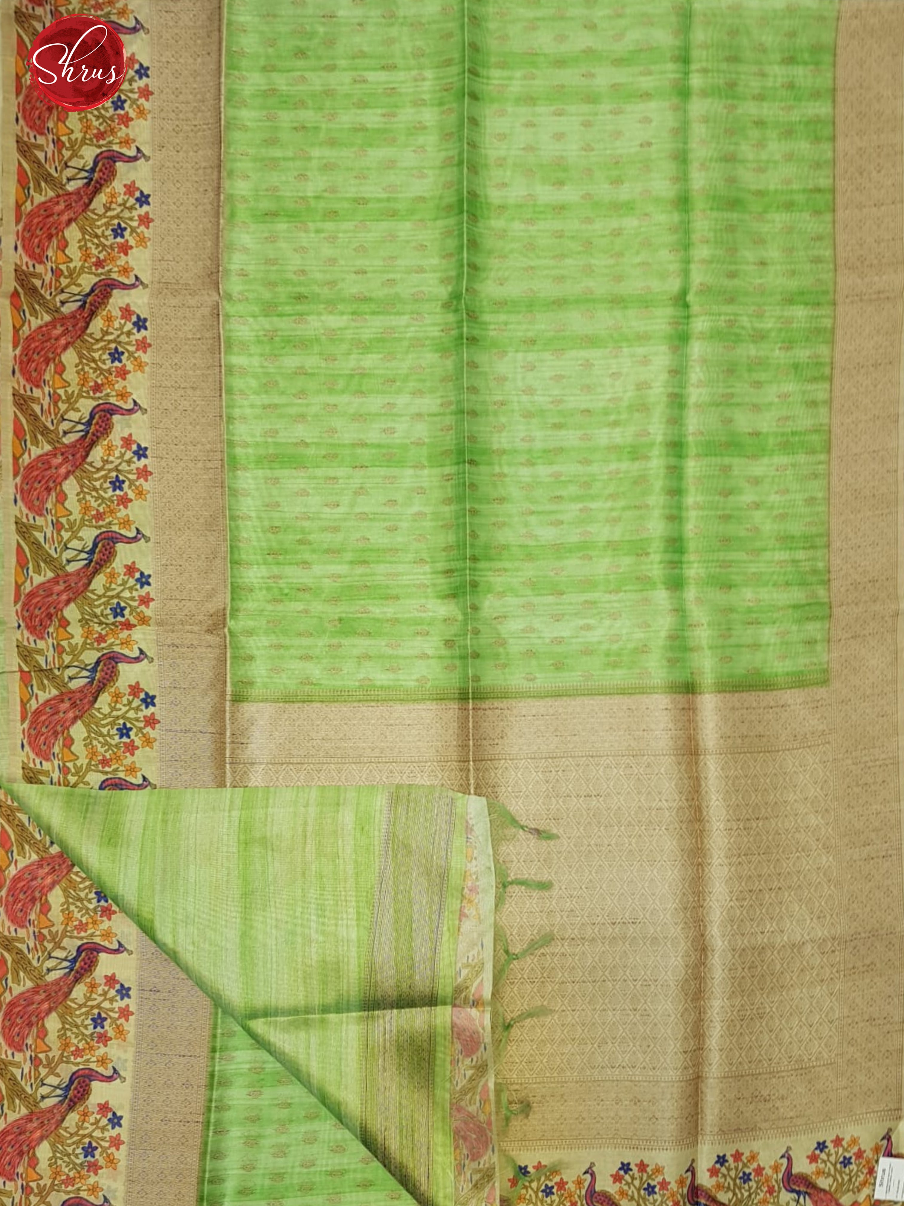 Green & Beige -Semi Tussar with zari  buttas on the body & contrast zari  border - Shop on ShrusEternity.com