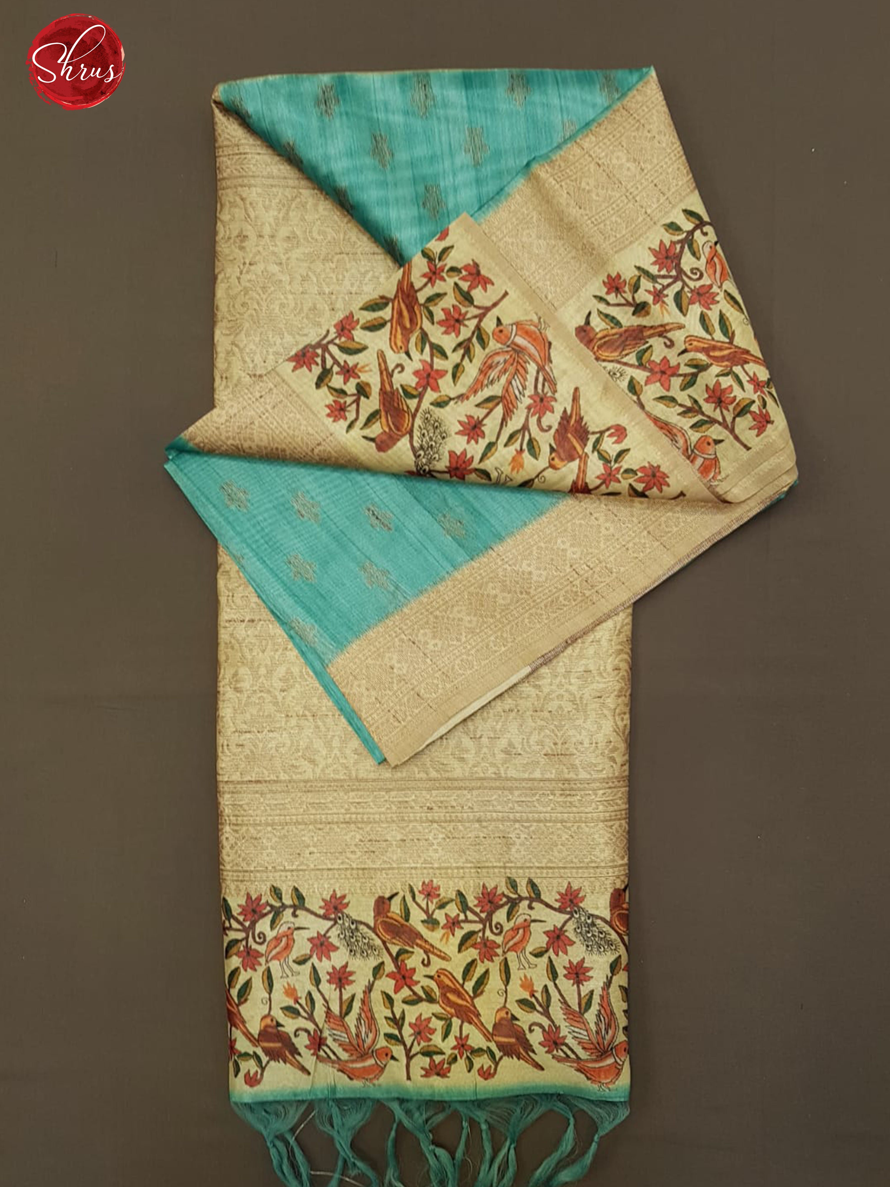 Blue & Beige - Semi Tussar with thread woven buttas on the body & Thread woven border - Shop on ShrusEternity.com