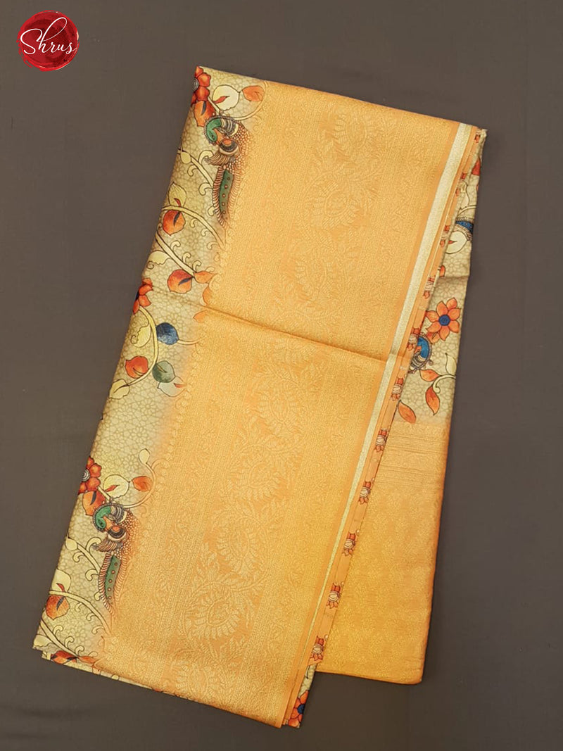 Beige & Peach - Semi Dupion with kalamkari floral print on the body & Contrast Border - Shop on ShrusEternity.com