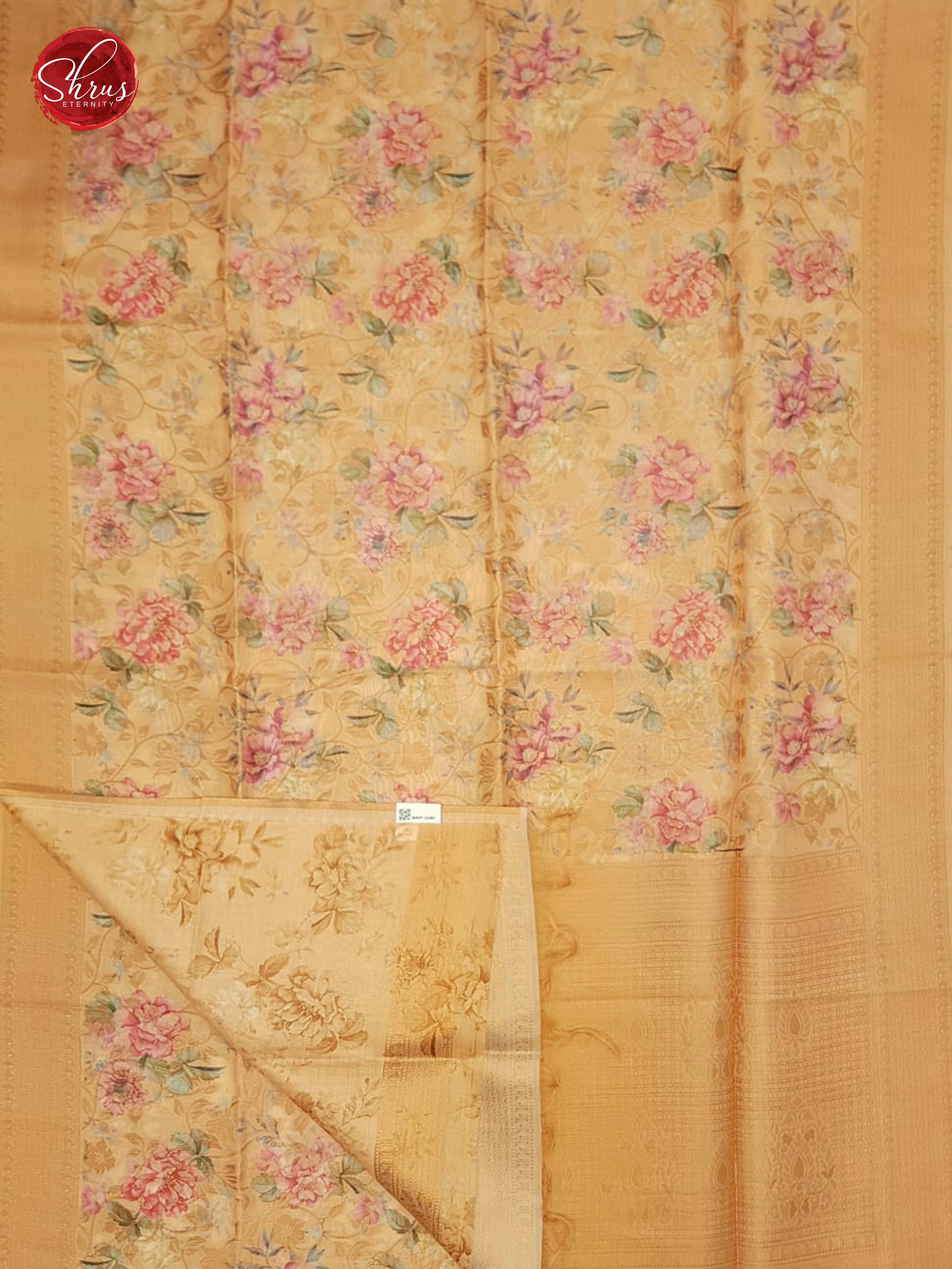 Peach(Single Tone)-  Semi Jute with floral  Print on the  Body & contrast zari Border - Shop on ShrusEternity.com