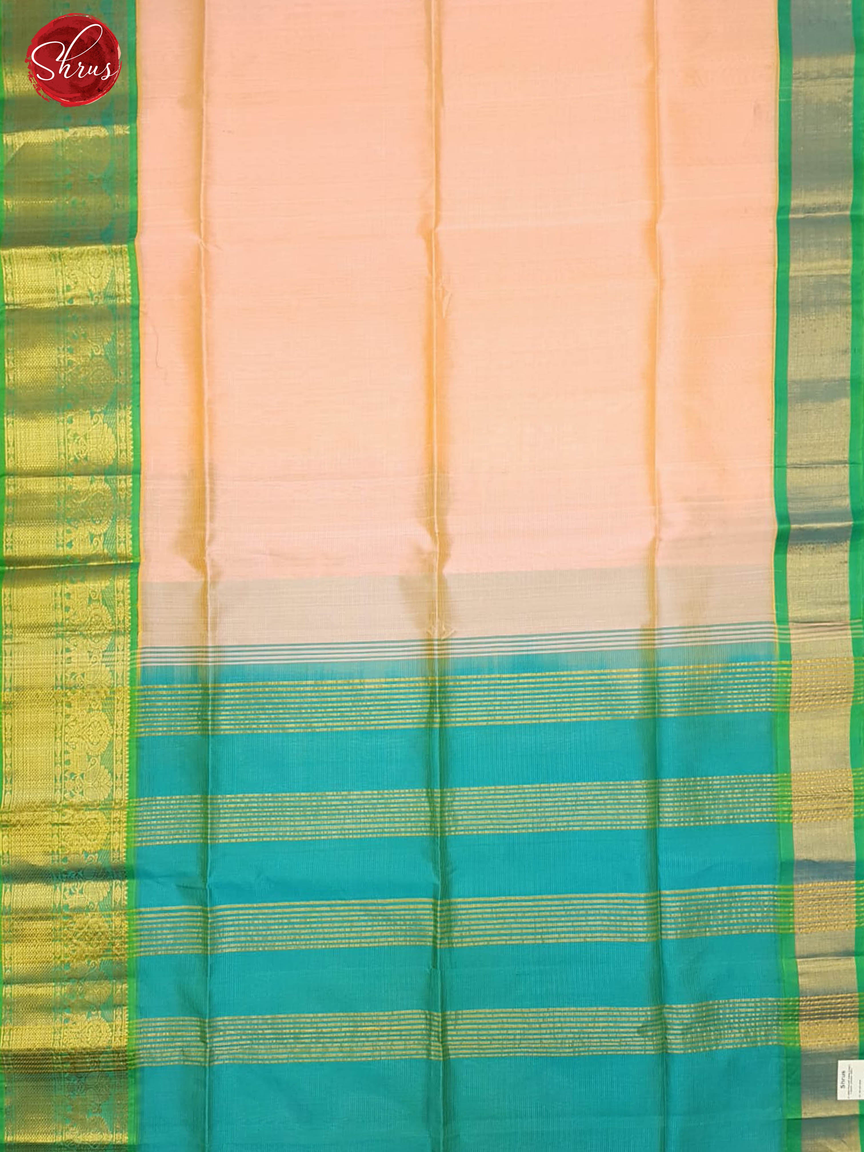 Peachish Pink & Teal Green - Silk Cotton with plain body & Contrast Zari Border - Shop on ShrusEternity.com