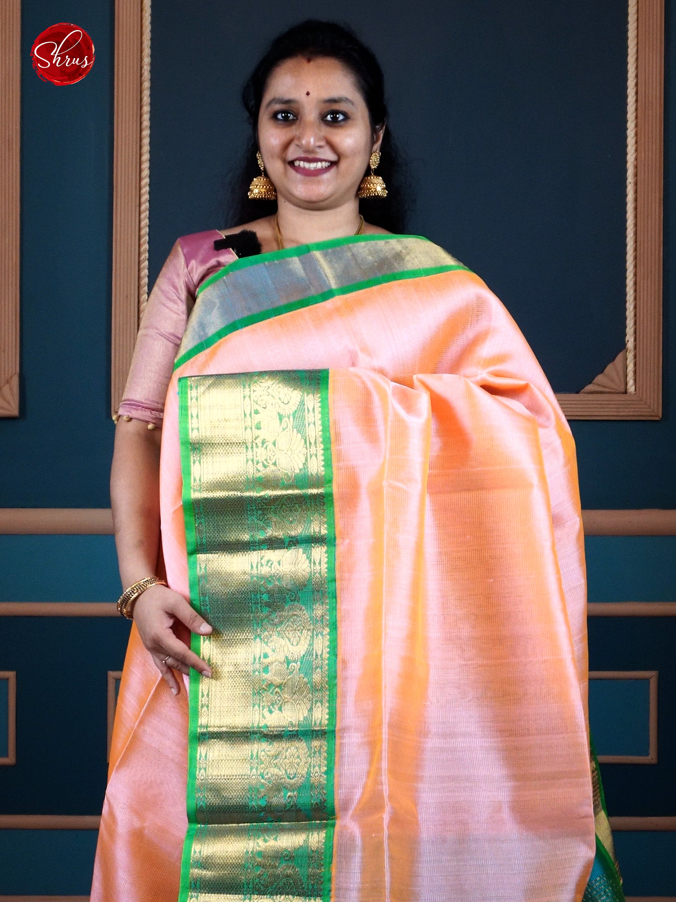 Peachish Pink & Teal Green - Silk Cotton with plain body & Contrast Zari Border - Shop on ShrusEternity.com