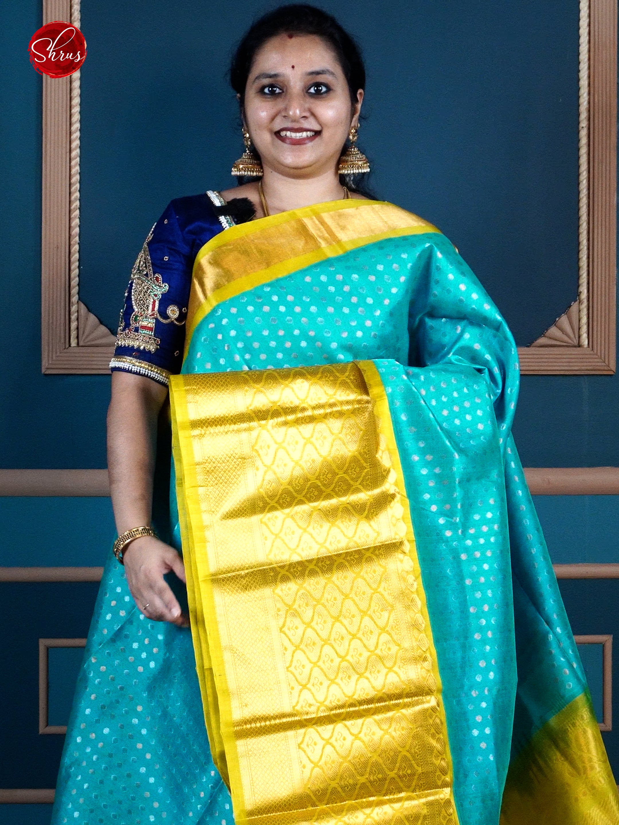 Blue & Green -  Silk Cotton with gold, silver  Zari buttas on the body & contrast Gold Zari Border - Shop on ShrusEternity.com