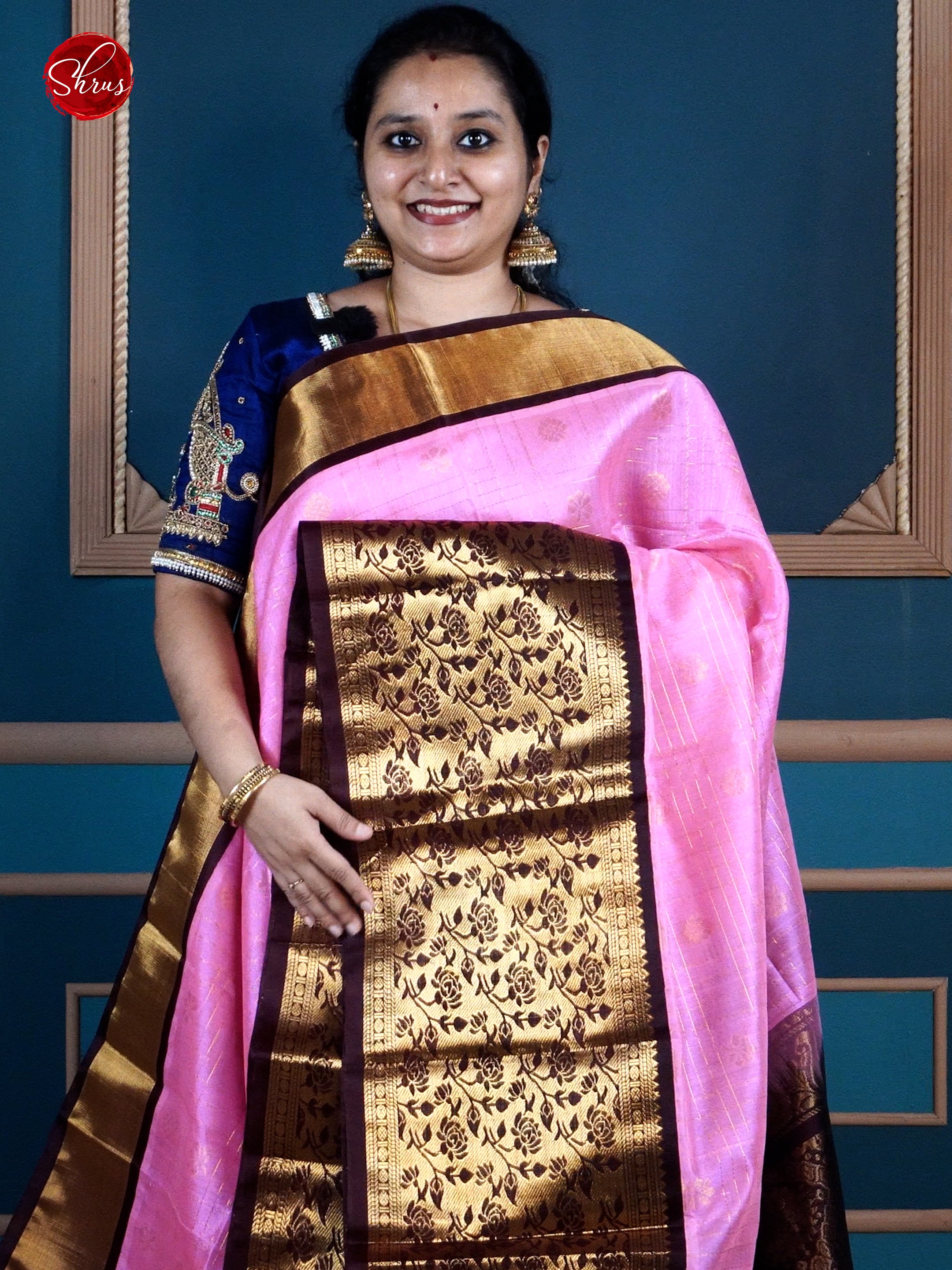 Pink & Brown - Silk Cotton with Zari woven checks , floral buttas on the body & Zari Border - Shop on ShrusEternity.com
