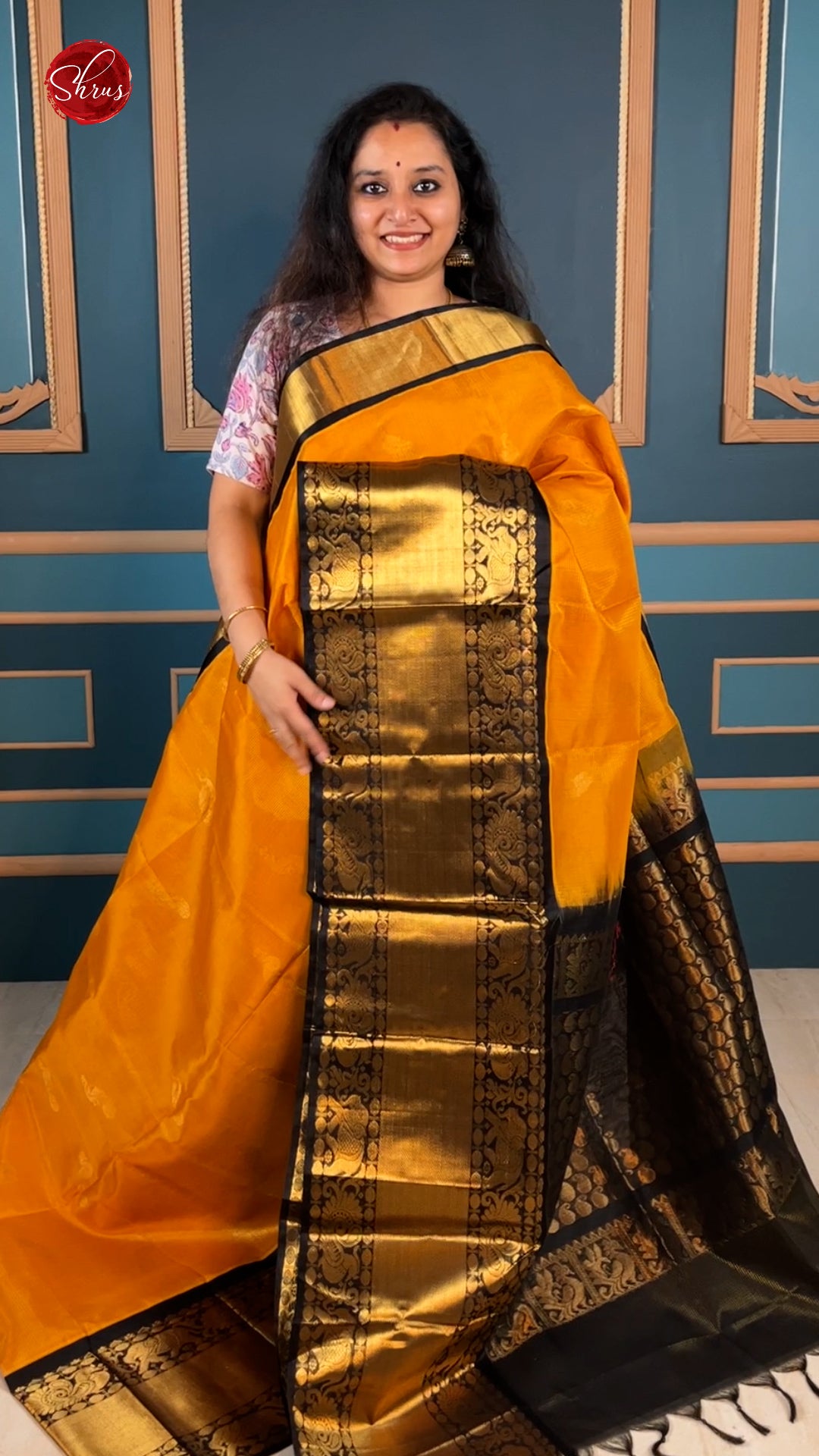 yellow  & Black - Silk Cotton with Zari woven peacock  motifs on the body & Zari Border - Shop on ShrusEternity.com