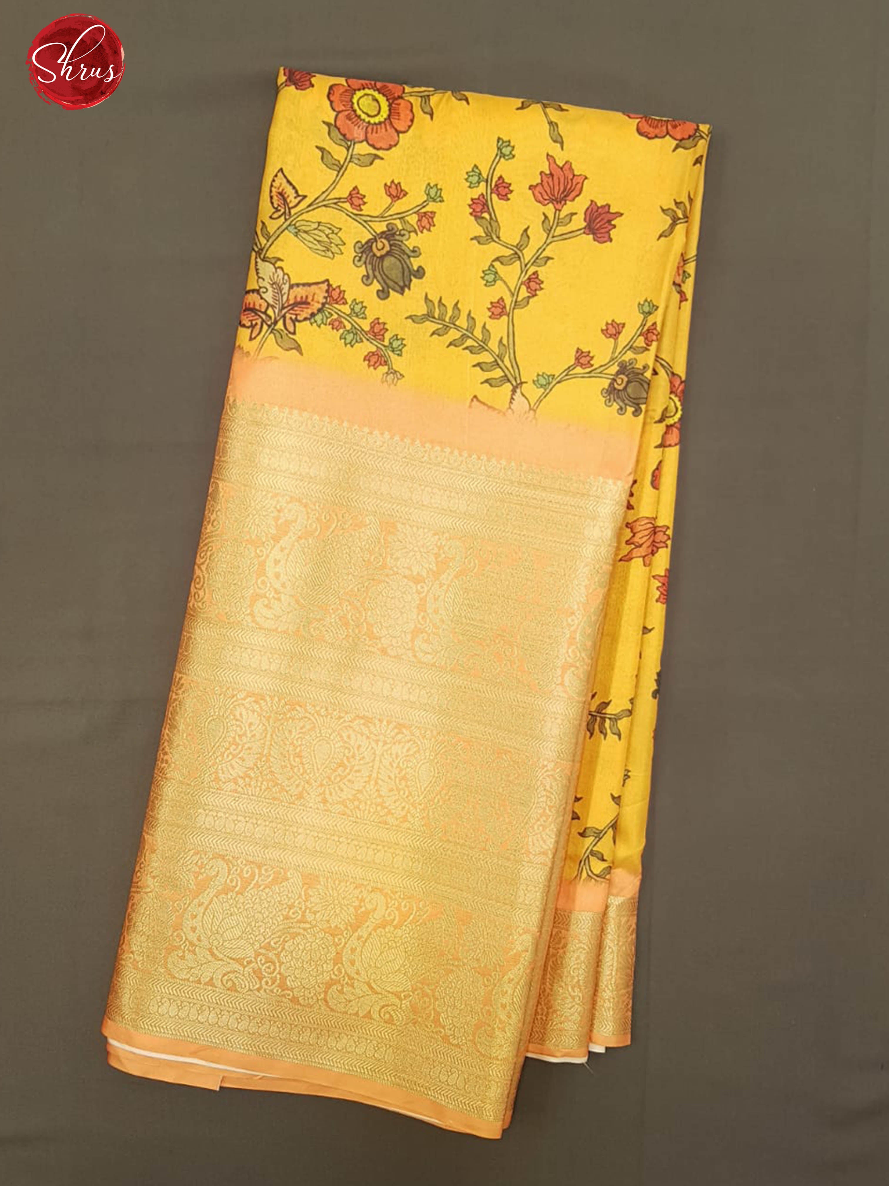 Mustard & Blue - Semi Crepe with kalamkari floral print on the body & Zari Border - Shop on ShrusEternity.com