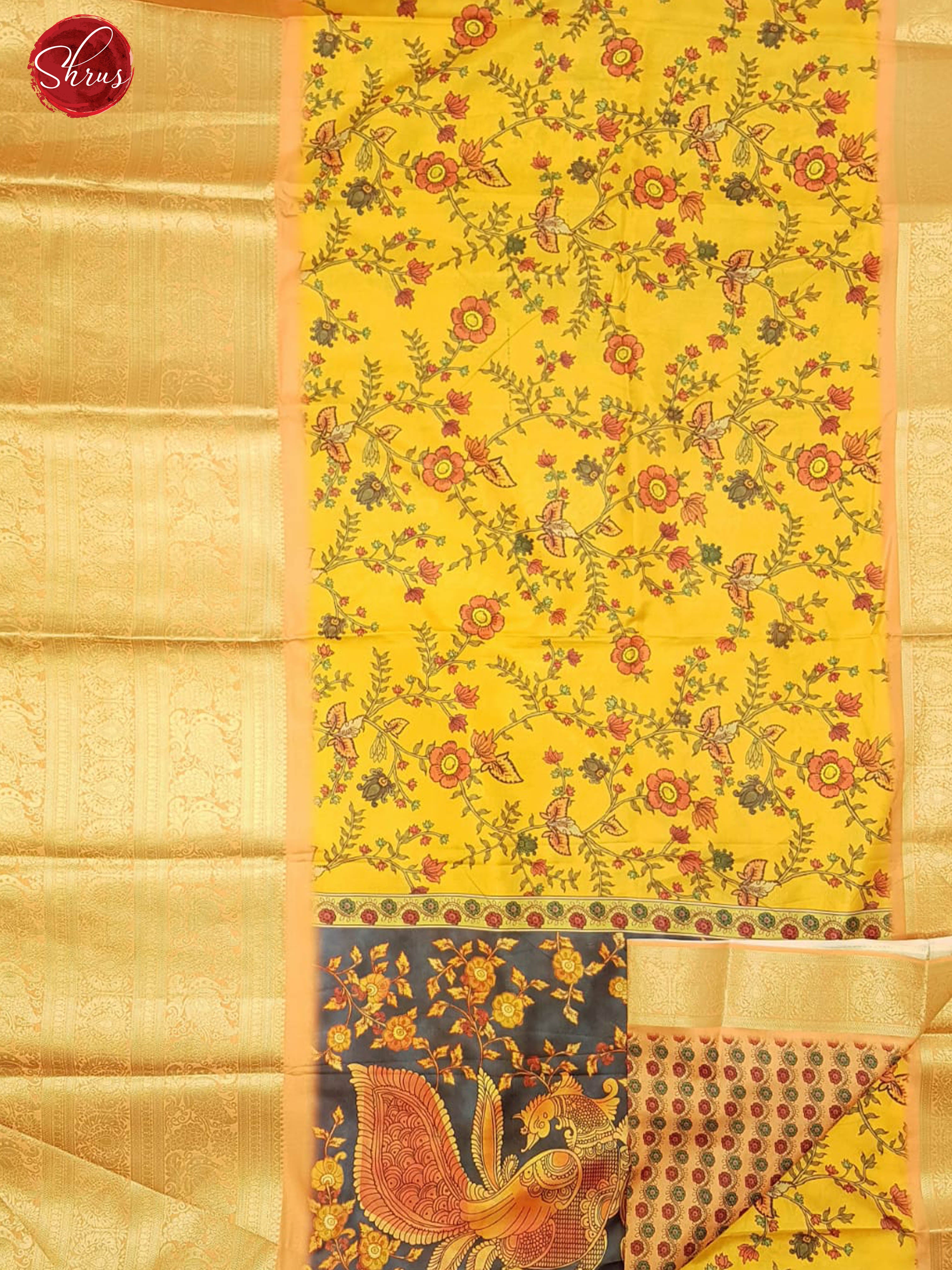 Mustard & Blue - Semi Crepe with kalamkari floral print on the body & Zari Border - Shop on ShrusEternity.com