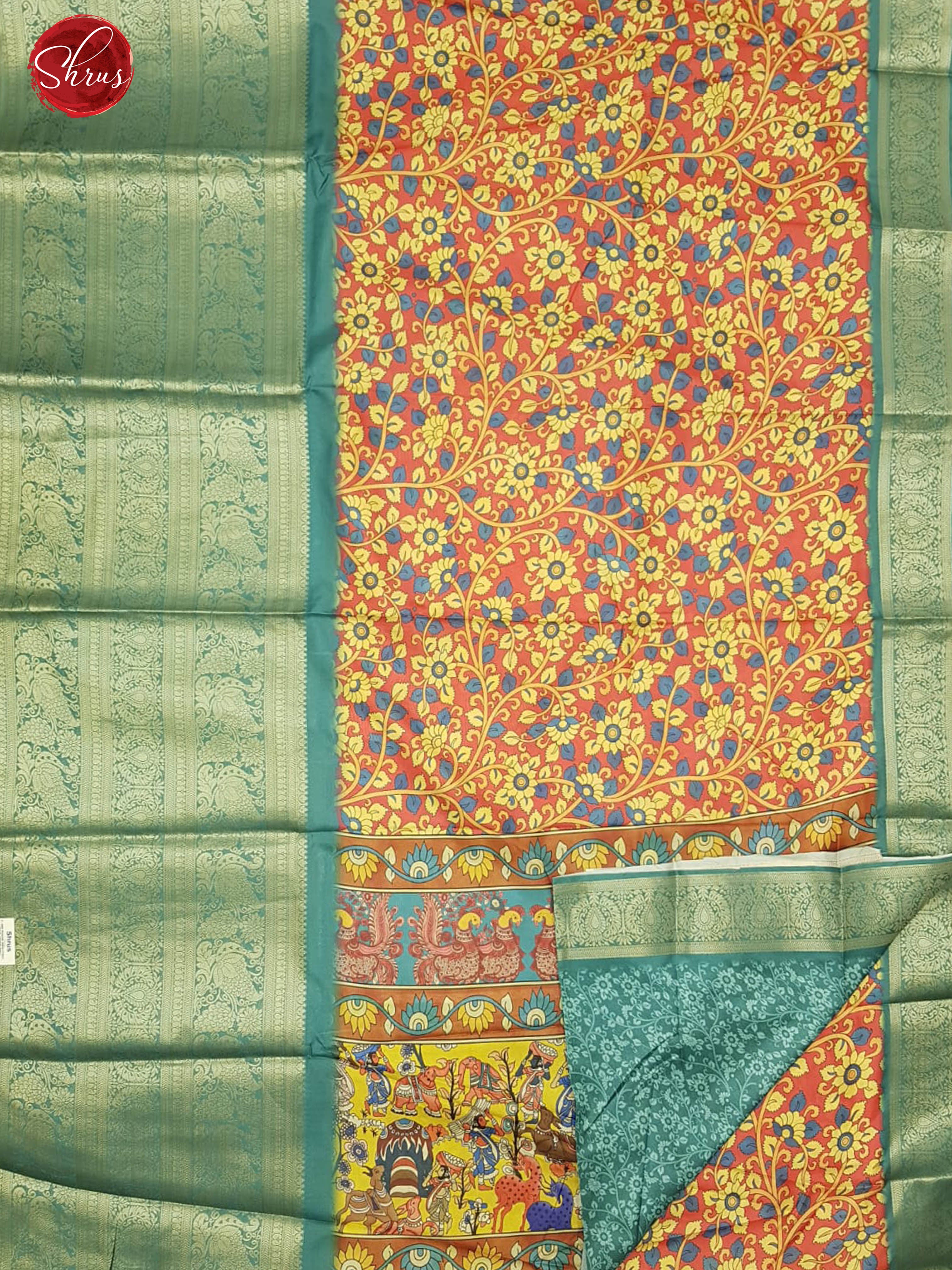 Red & Green - Semi Crepe with kalamkari floral print on the body & Zari Border - Shop on ShrusEternity.com