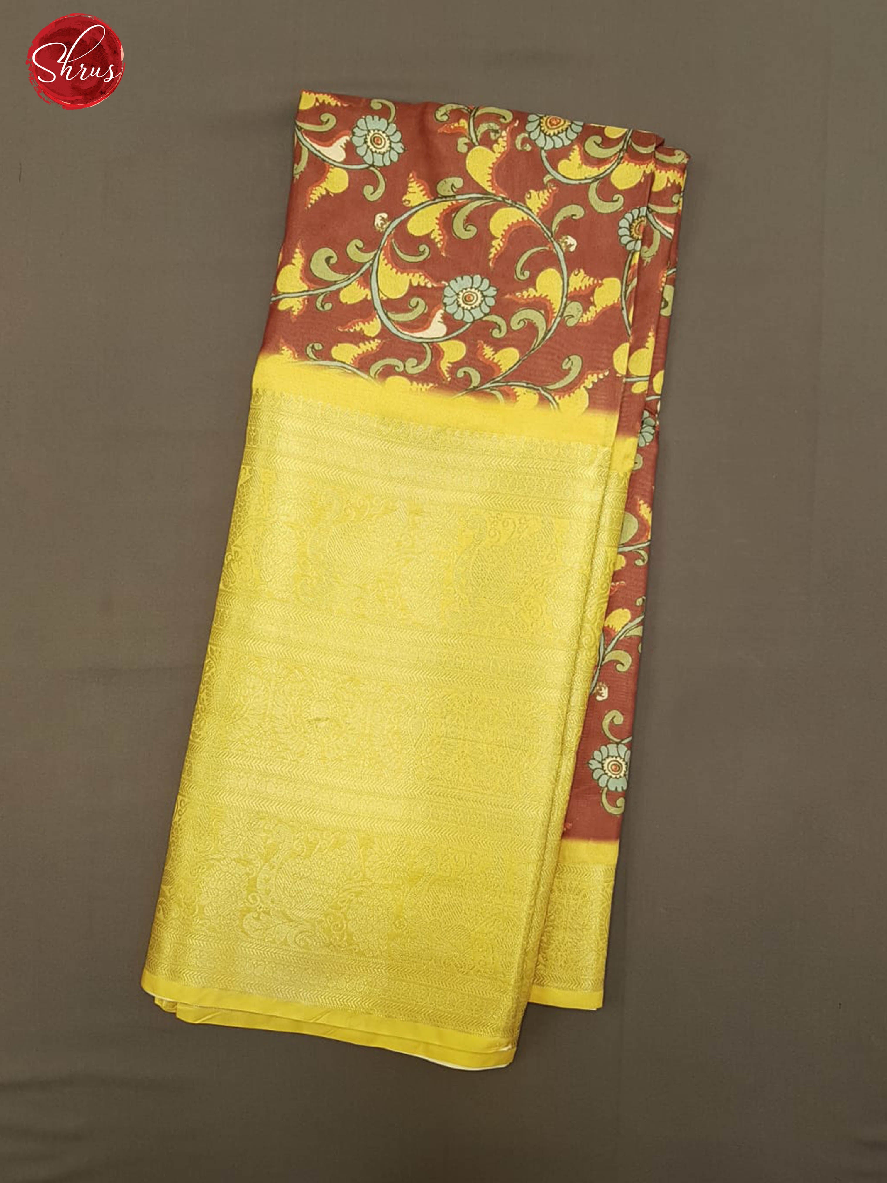Brown & Yellow - Semi Crepe with kalamkari floral print on the body & Zari Border - Shop on ShrusEternity.com