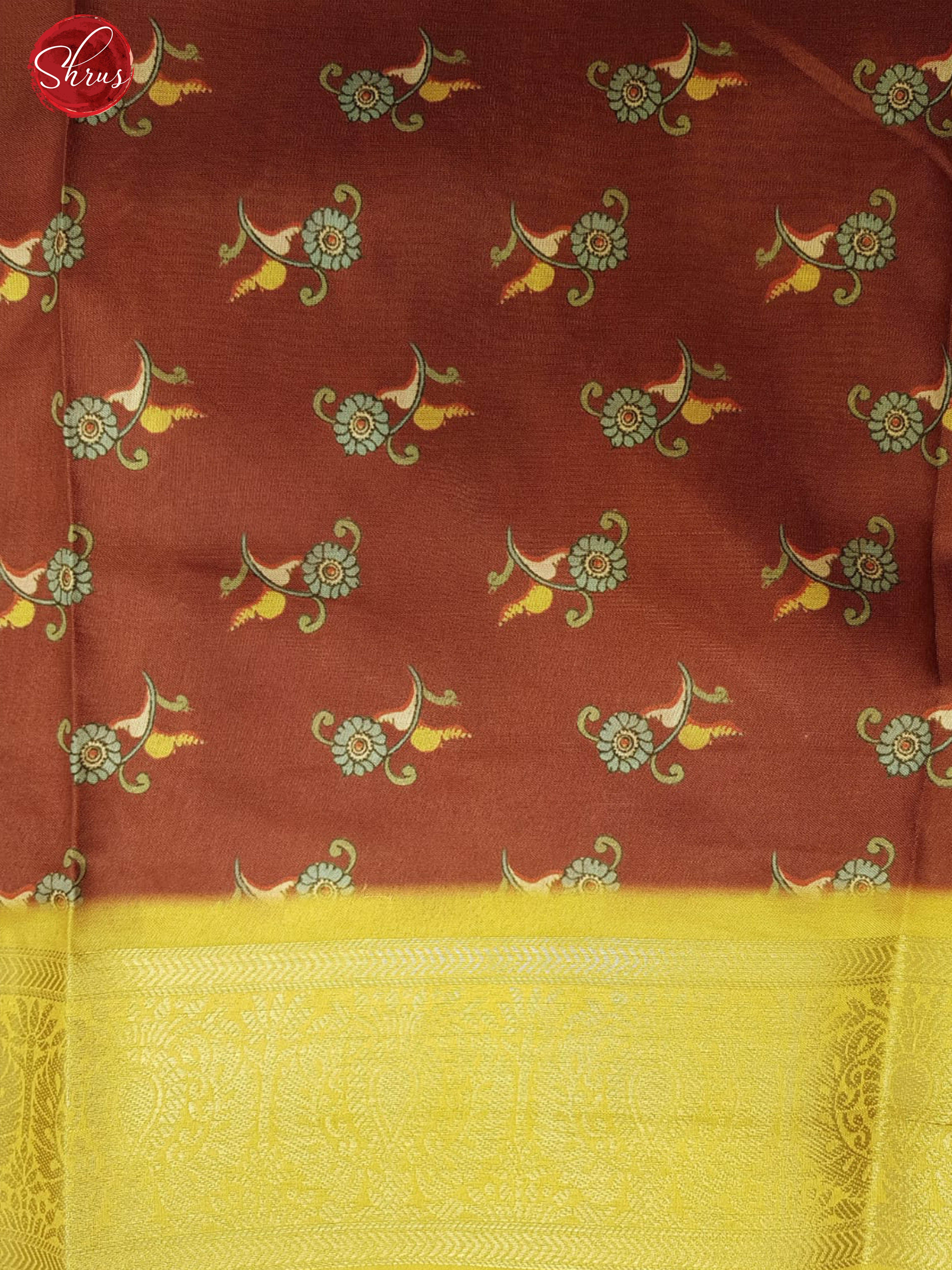 Brown & Yellow - Semi Crepe with kalamkari floral print on the body & Zari Border - Shop on ShrusEternity.com