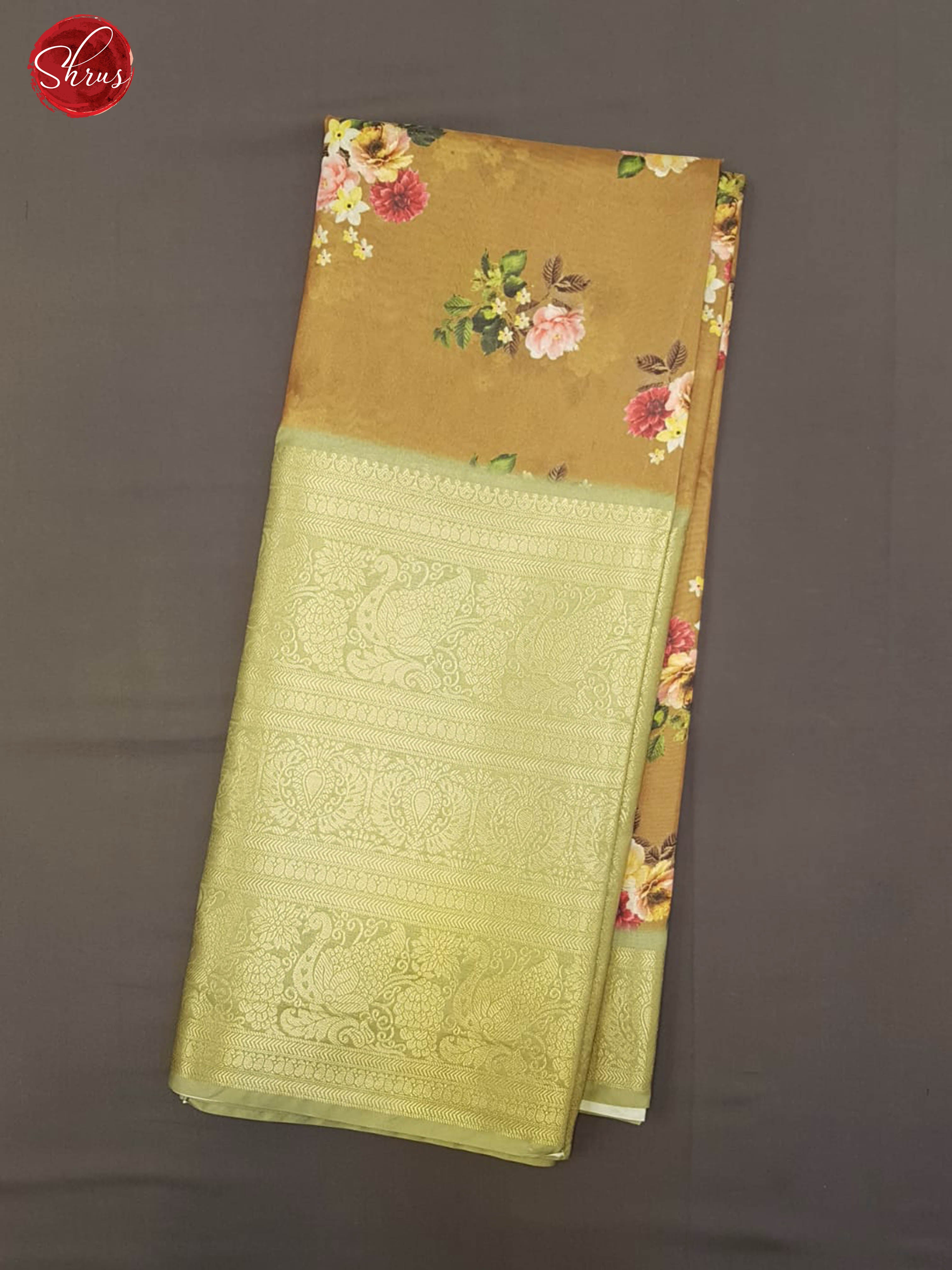 Chikoo &  Green -Semi Crepe with kalamkari floral print on the body & Zari Border - Shop on ShrusEternity.com