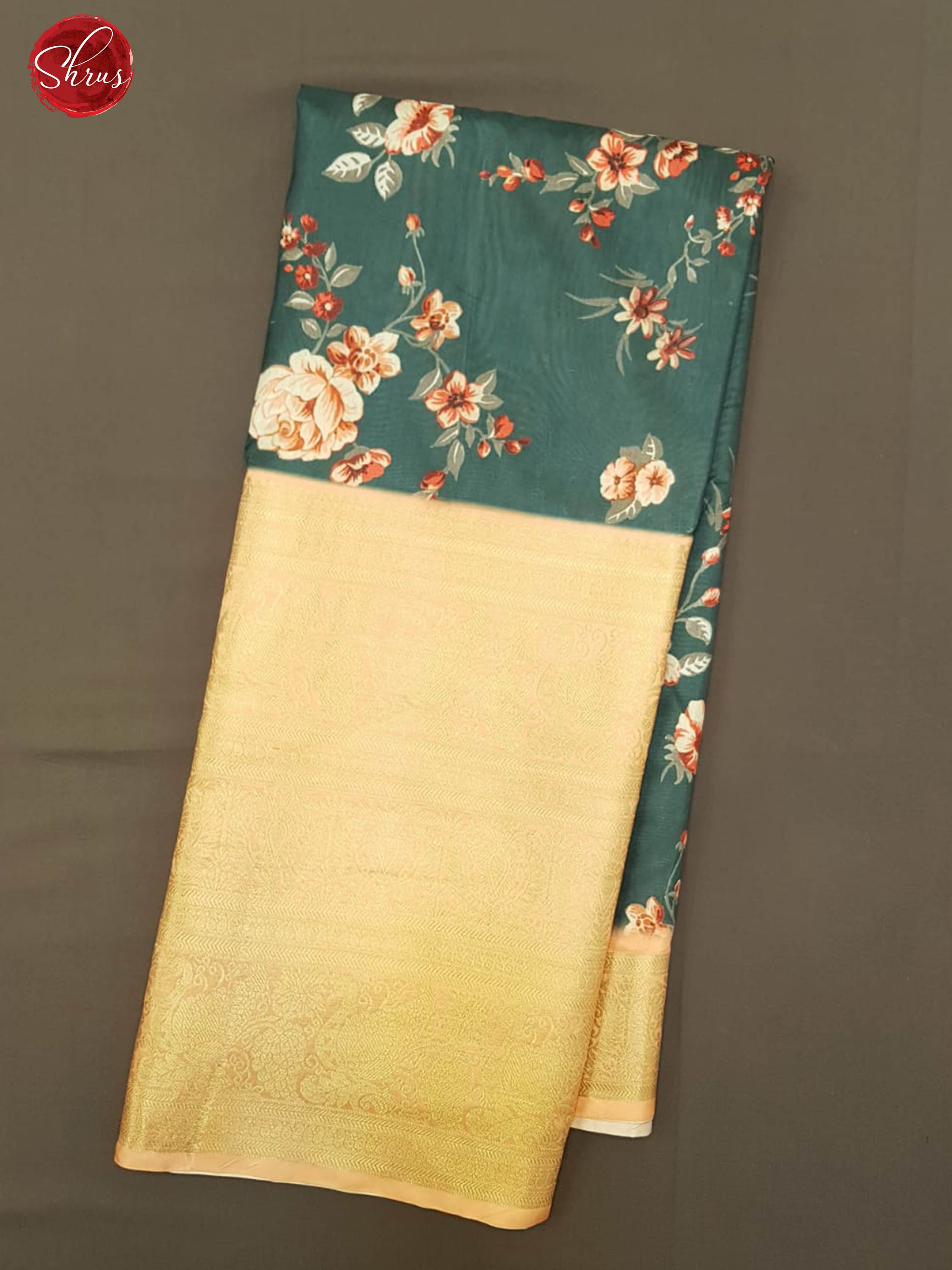 Dark Green & Cream -  Semi Crepe with kalamkari floral print on the body & Zari Border - Shop on ShrusEternity.com