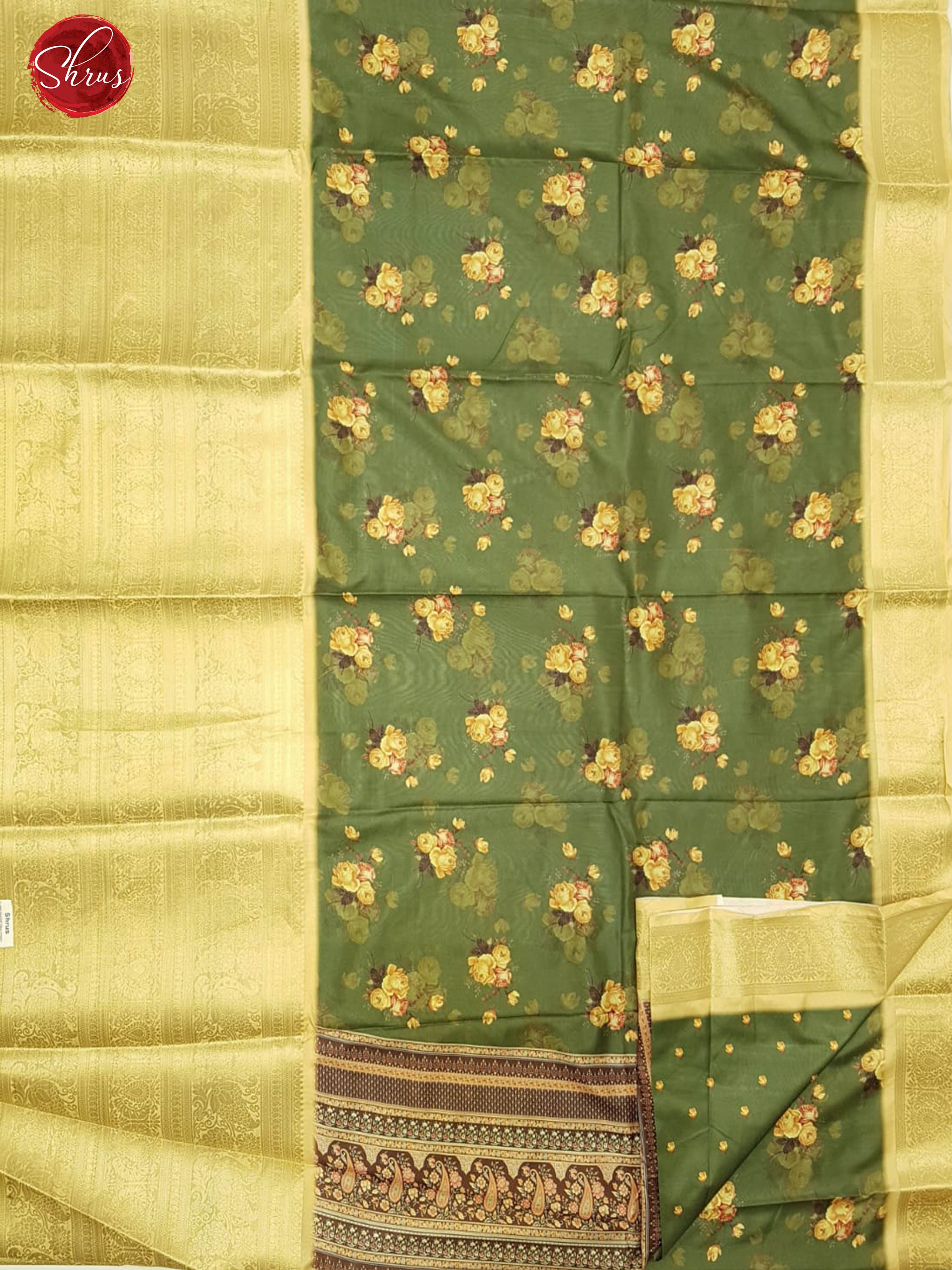 Green & Beige - Semi Crepe with   floral print on the body & Zari Border - Shop on ShrusEternity.com