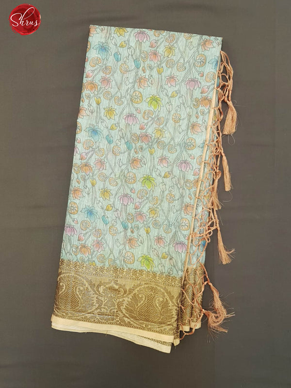 Blue and Beige - Art Linen with floral print on the body and zari border - Shop on ShrusEternity.com