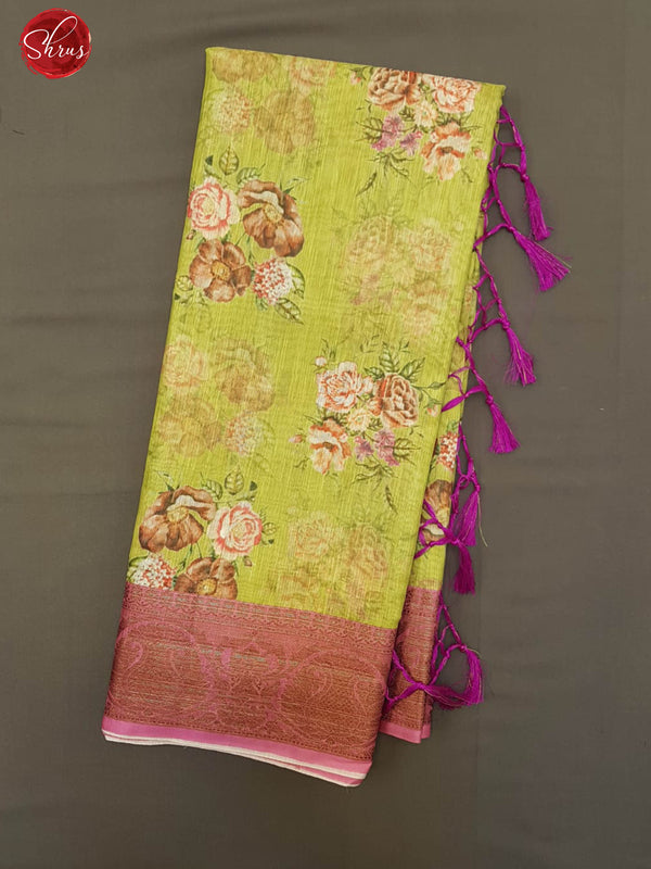 Green and Pink-Art Linen with floral print on the body and contrast zari border - Shop on ShrusEternity.com