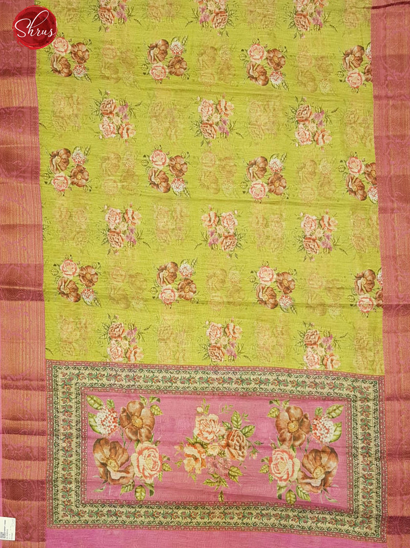 Green and Pink-Art Linen with floral print on the body and contrast zari border - Shop on ShrusEternity.com