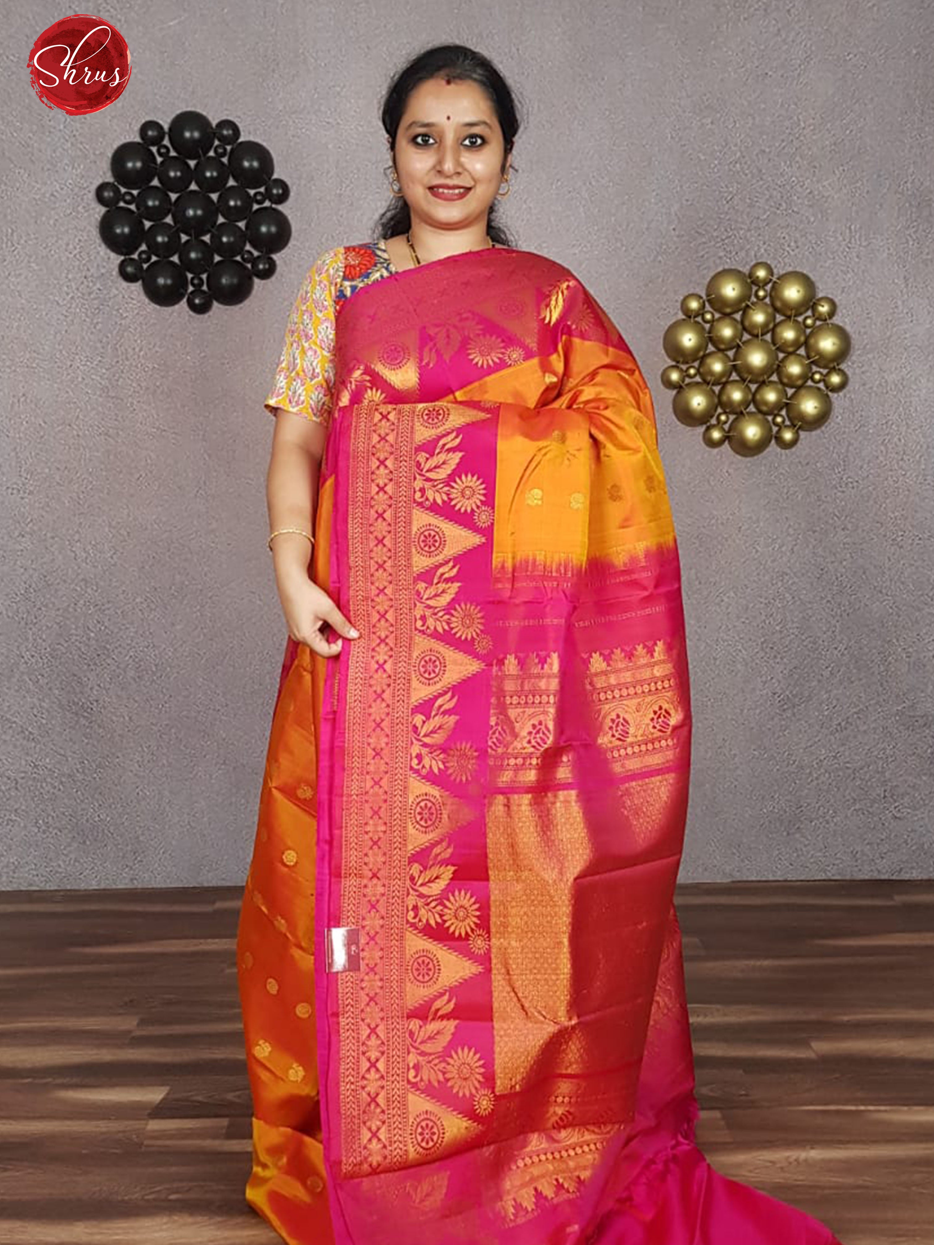 Mambala Yellow & Pink - Gadwal Silk with Zari woven floral ,peacock buttas on the Body & Zari Border - Shop on ShrusEternity.com