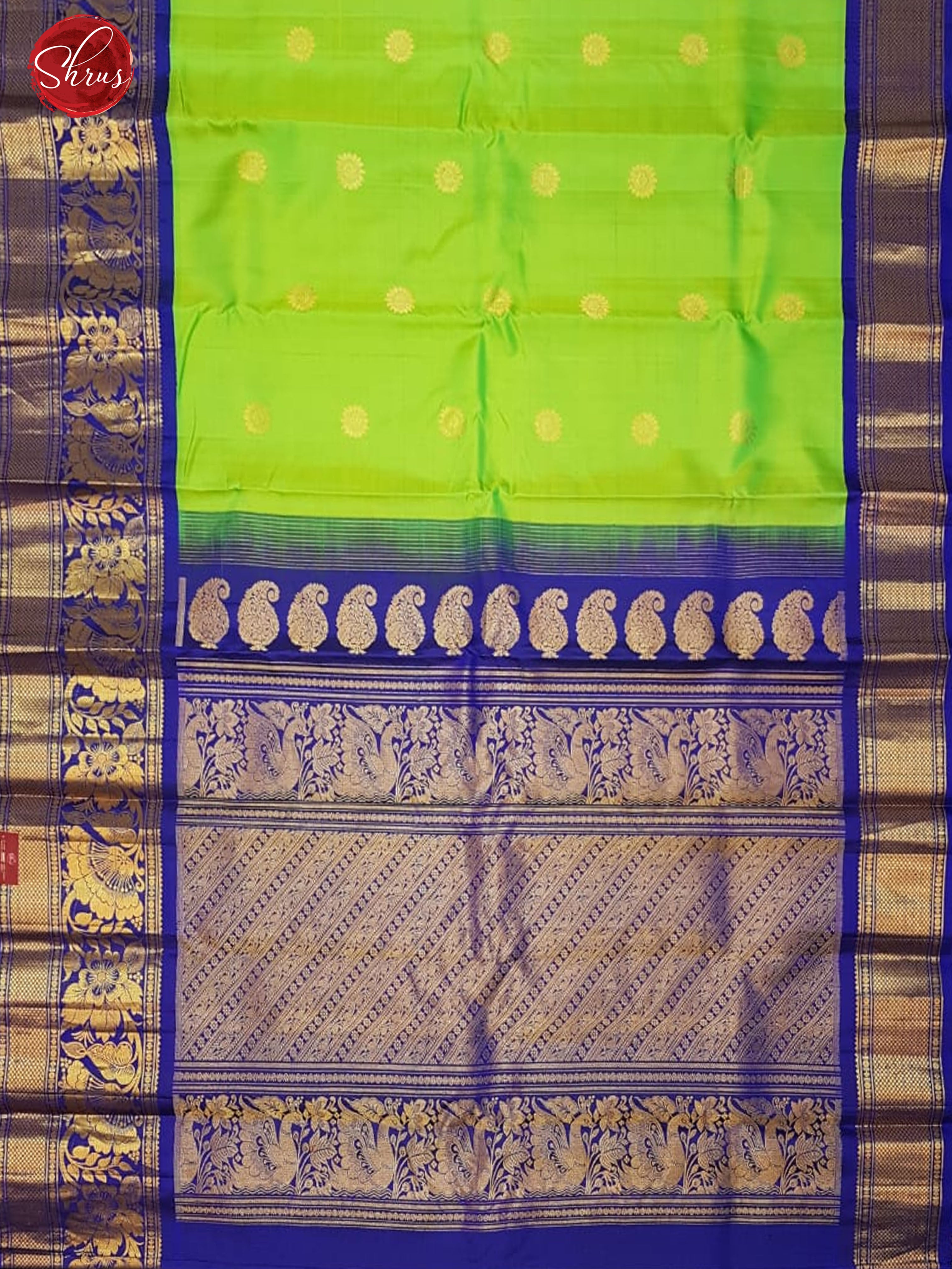 Parrot Green & Ink Blue - Gadwal Silk with zari woven floral motifs on the body & Zari Border - Shop on ShrusEternity.com
