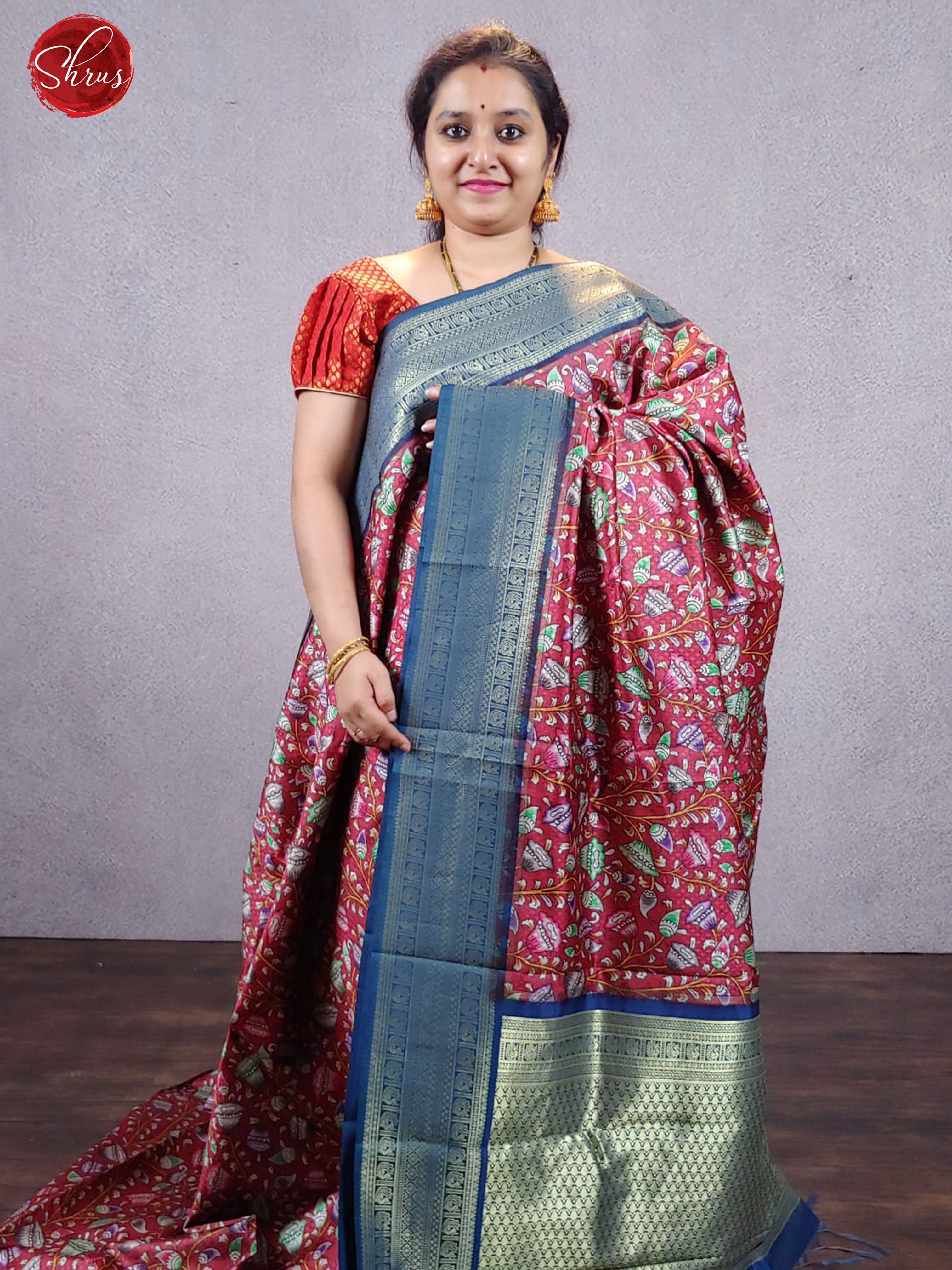 Maroon & Blue - Semi Chanderi with floral print on the body & Zari Border - Shop on ShrusEternity.com