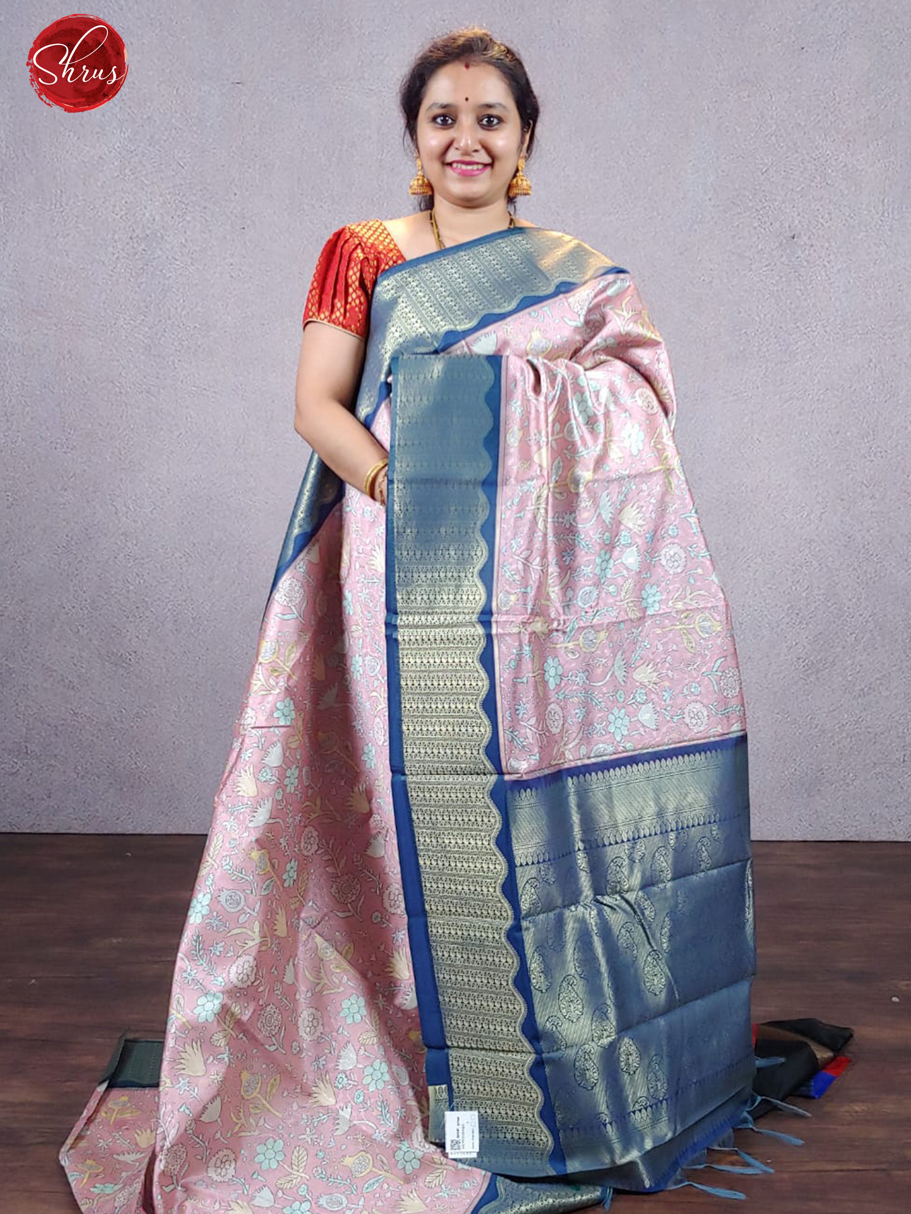 Pink & Blue - Semi Chanderi with floral print on the body & Contrast Zari Border - Shop on ShrusEternity.com