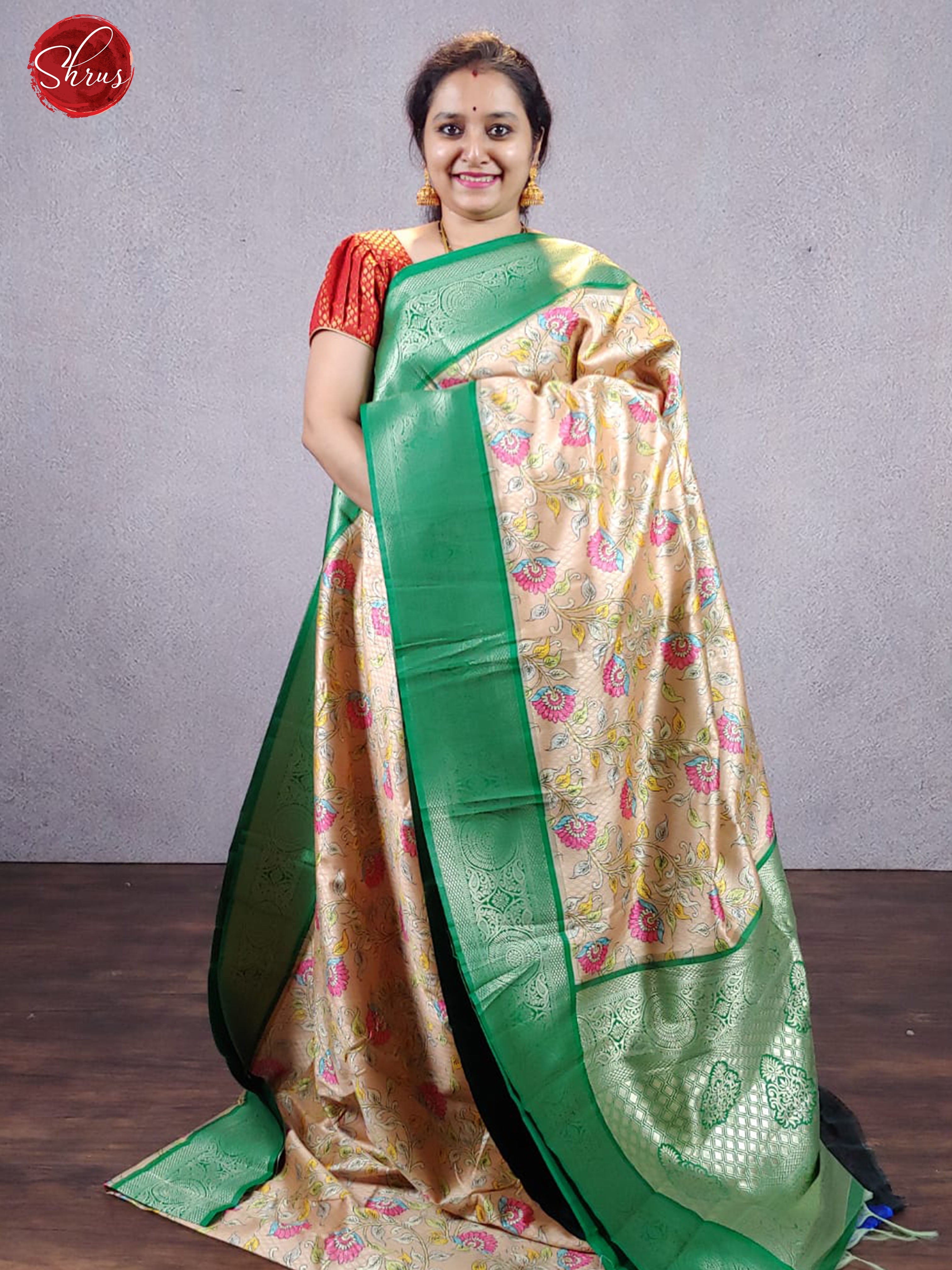 Beige & Green - Semi Chanderi with floral print on the body & Contrast Zari Border - Shop on ShrusEternity.com