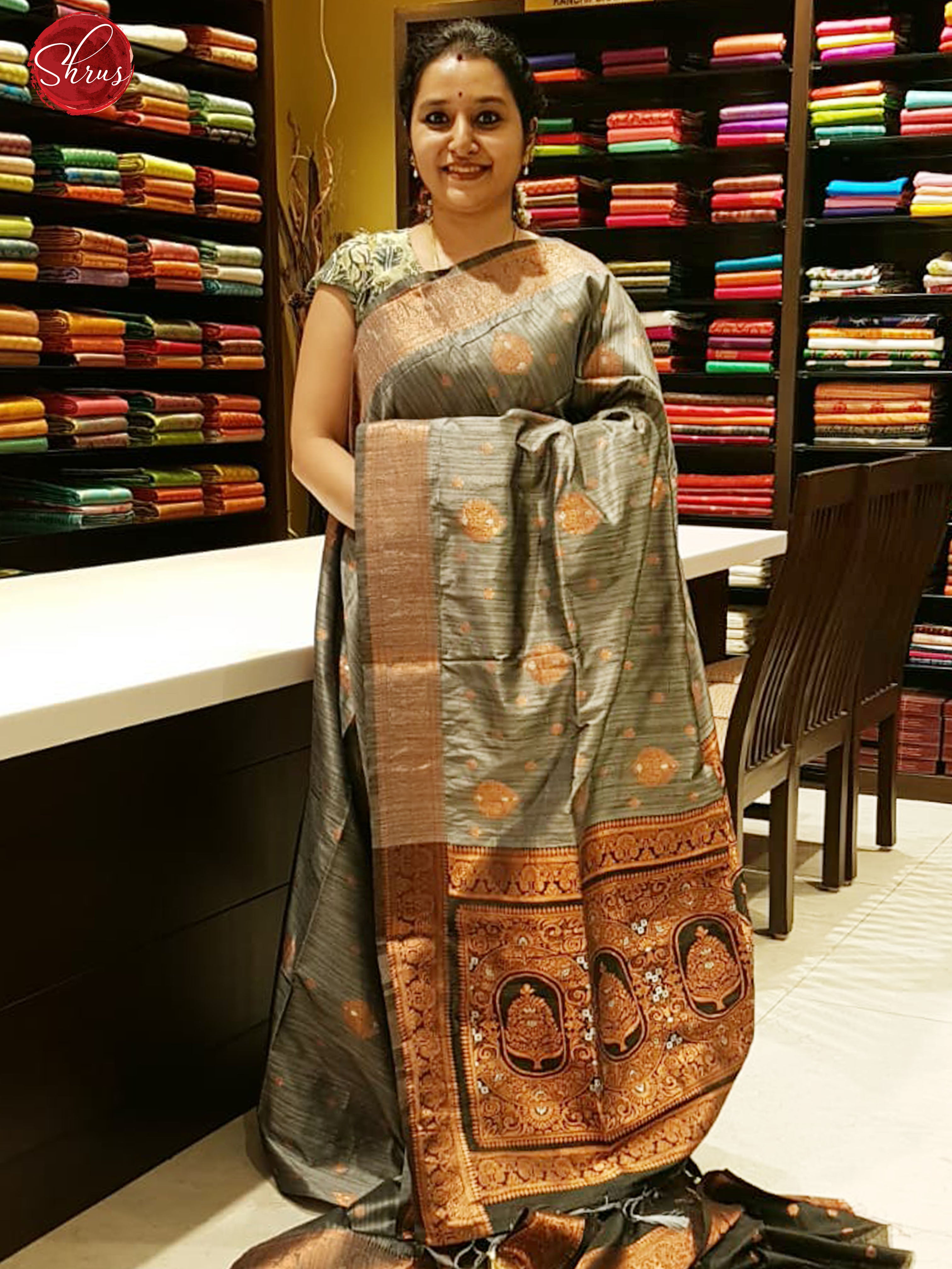 Grey & Blue - Semi Khatan with Zari woven floral buttas on the body & Zari Border - Shop on ShrusEternity.com
