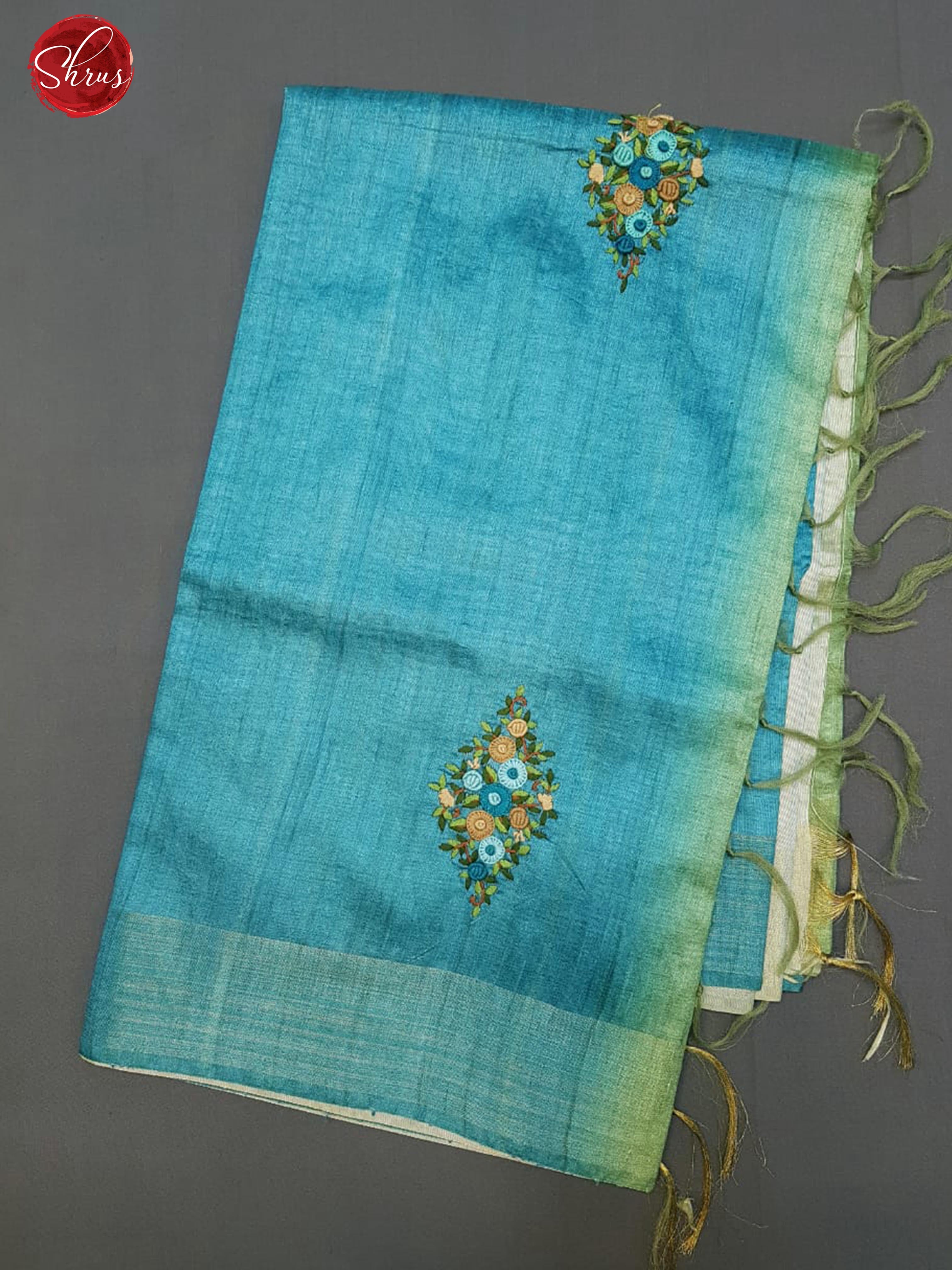 Rama Blue & Green - Matka Cotton with floral embroidery on the body & Zari Border - Shop on ShrusEternity.com