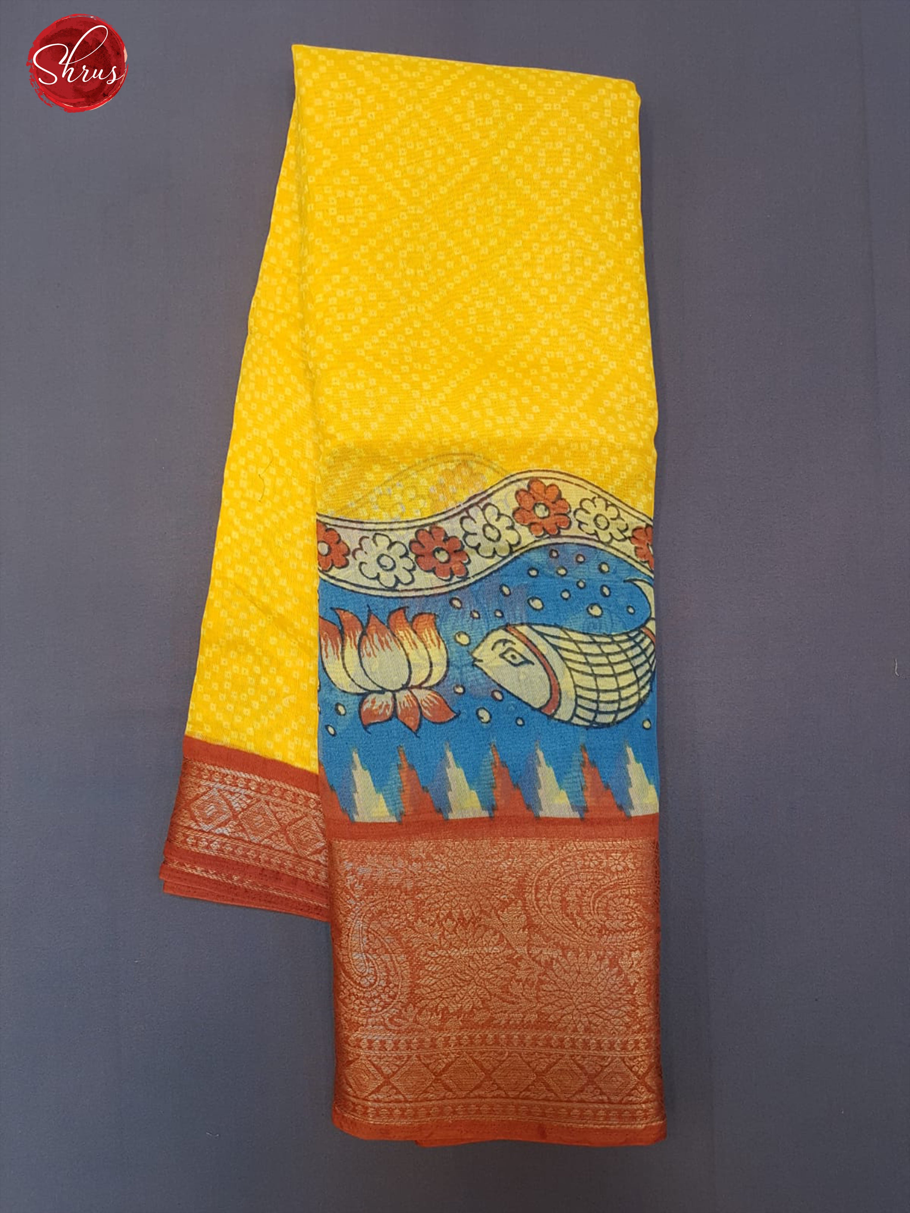 yellow & Red - Art Bandhini with bandhini pattern on the body& zari Border - Shop on ShrusEternity.com