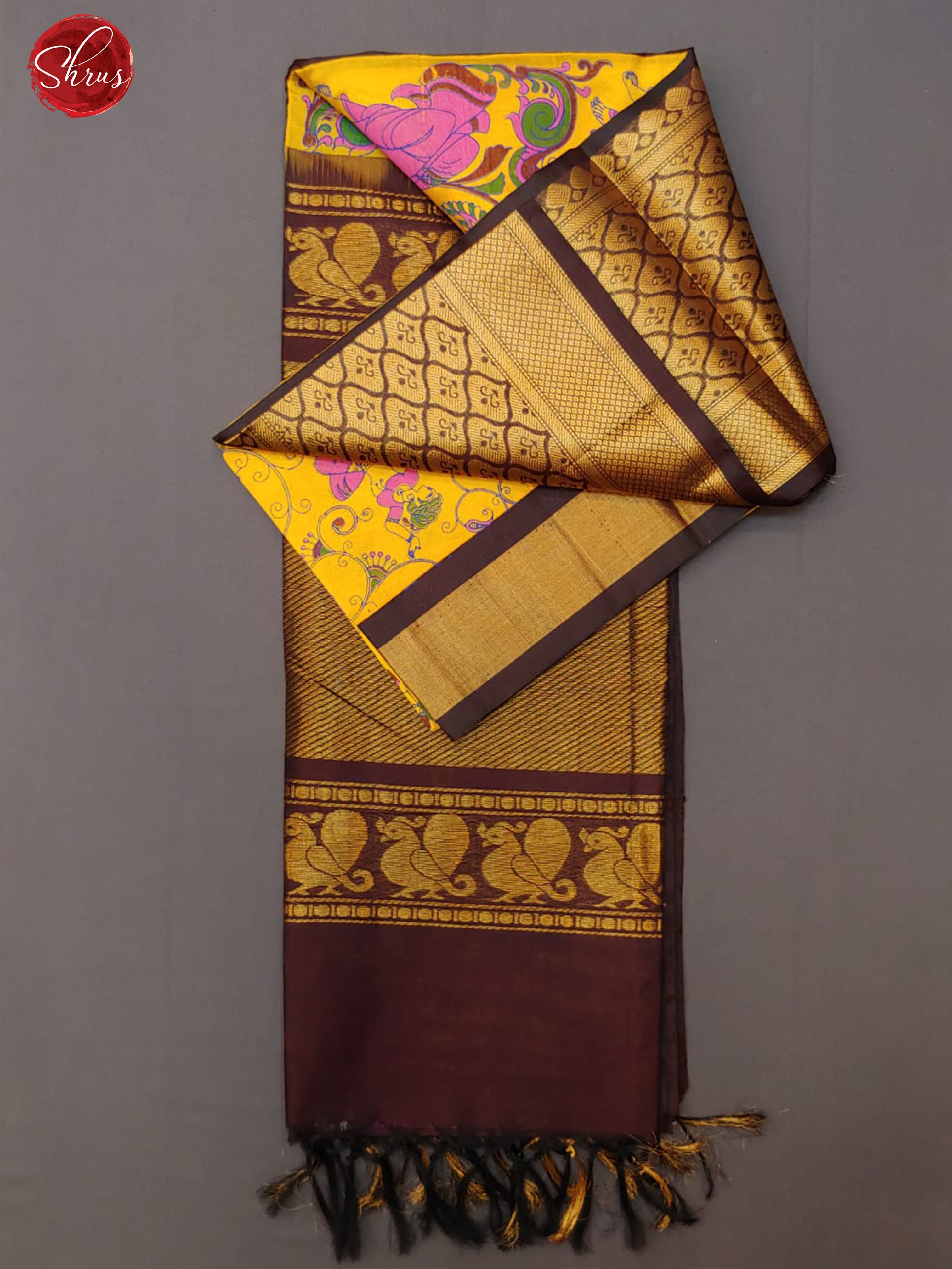 Yellow & Brown - Silk cotton with kalamkari prints - Shop on ShrusEternity.com