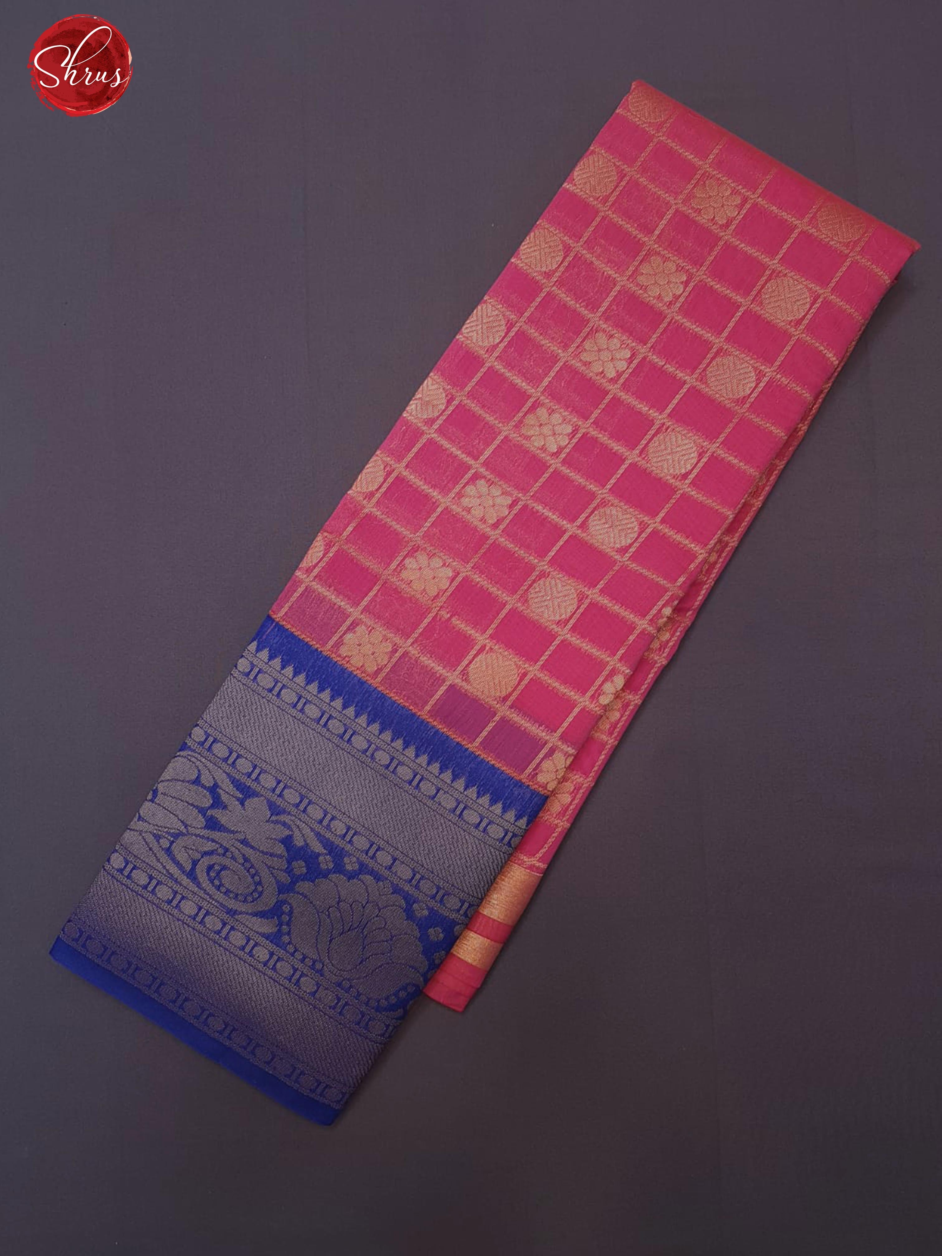 Pink & Blue- Semi Kuppadam with zari woven checks , buttas on the body & Contrast Zari Border - Shop on ShrusEternity.com