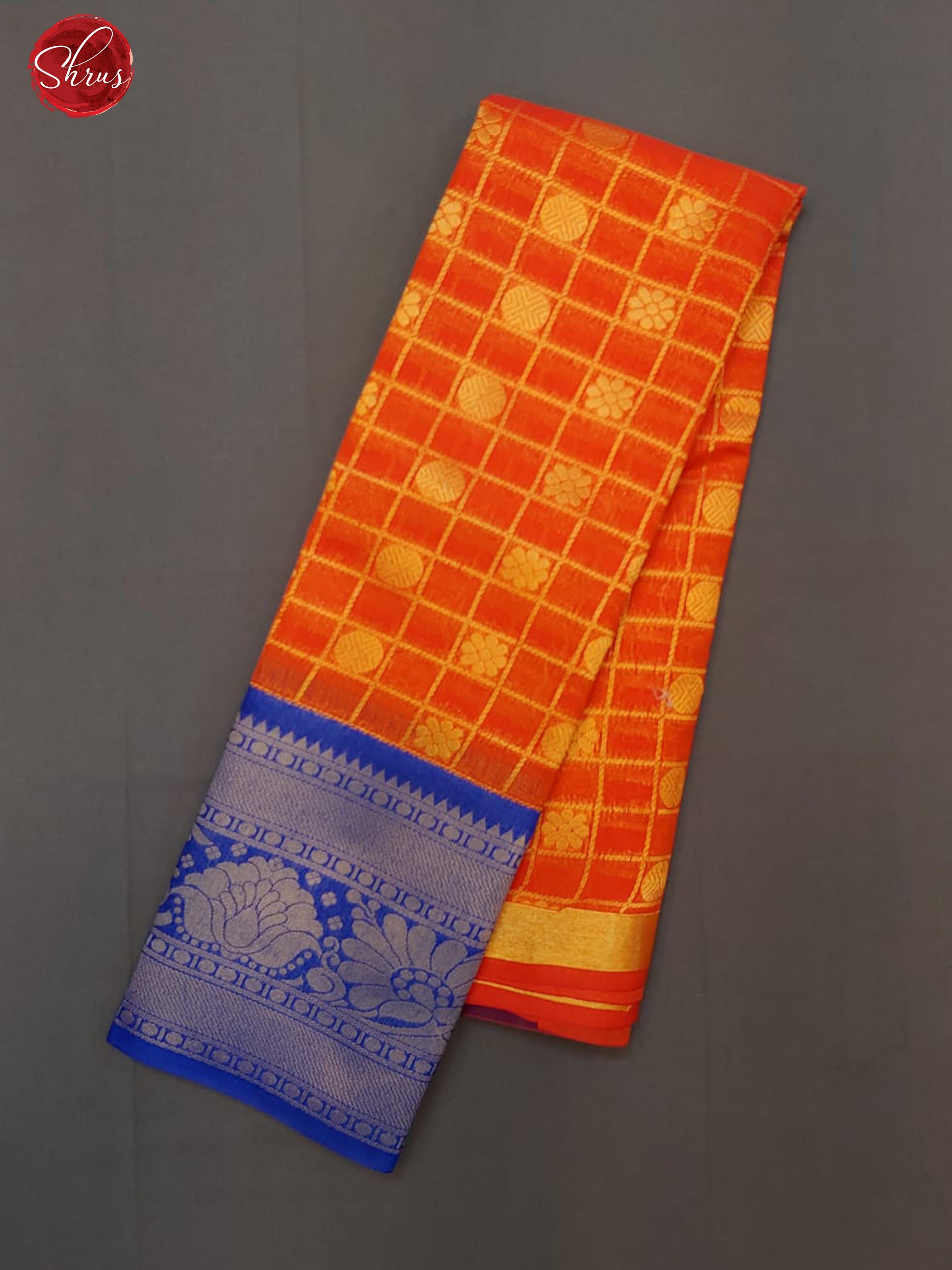 Orange & Blue - Semi Kuppadam with zari woven checks , buttas on the body& Contrast Zari Border - Shop on ShrusEternity.com