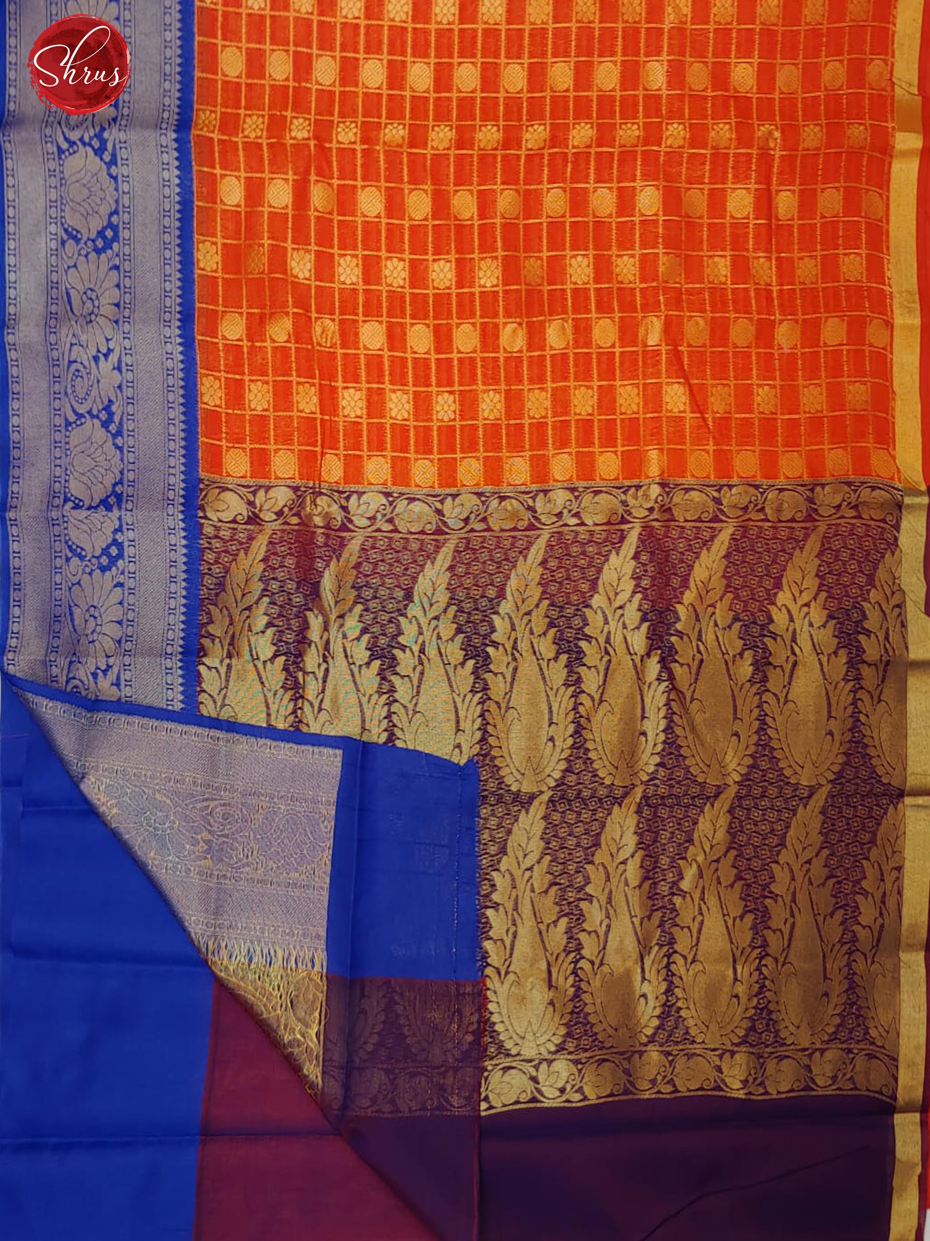 Orange & Blue - Semi Kuppadam with zari woven checks , buttas on the body& Contrast Zari Border - Shop on ShrusEternity.com