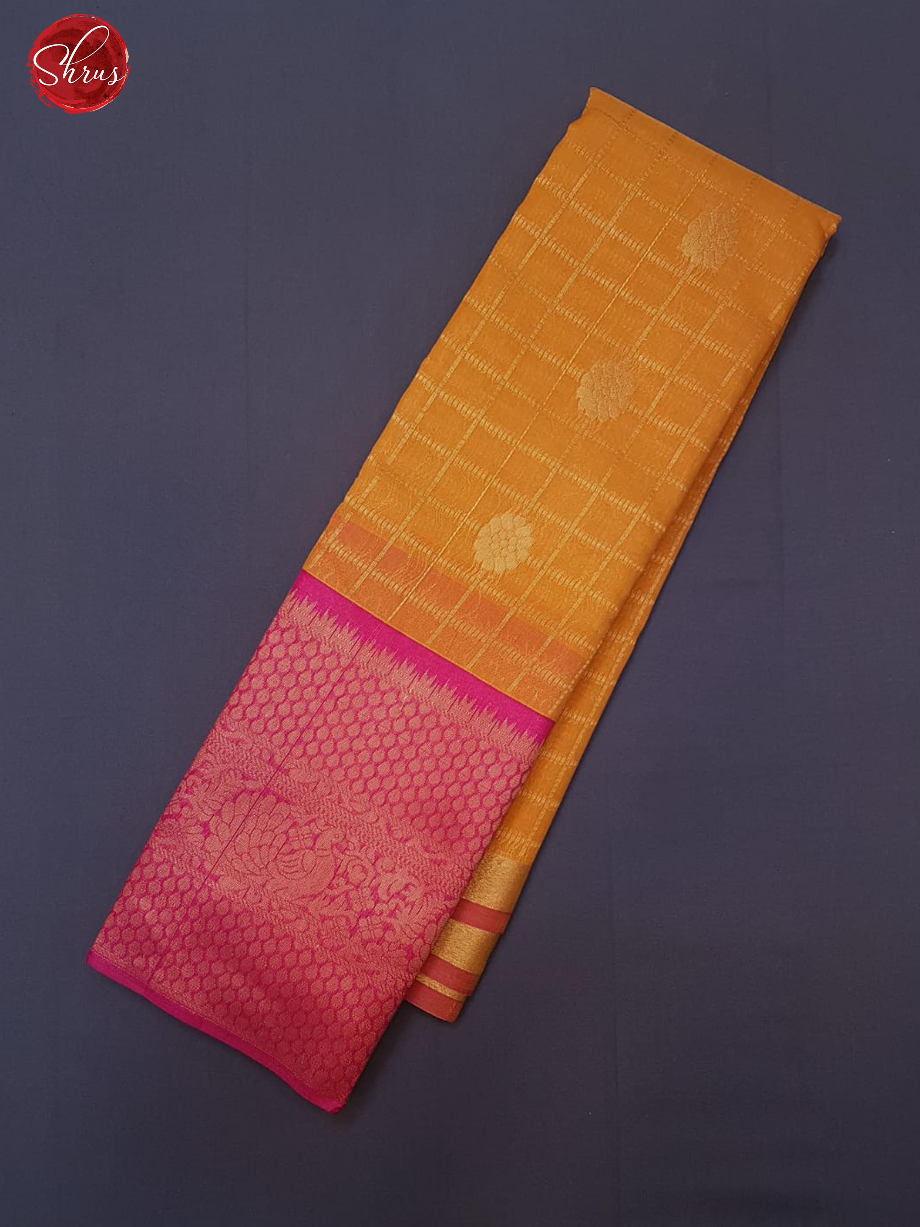 Mustard & Pink- Semi Kuppadam with Zari woven checks , buttas on the body& Contrast Zari Border - Shop on ShrusEternity.com