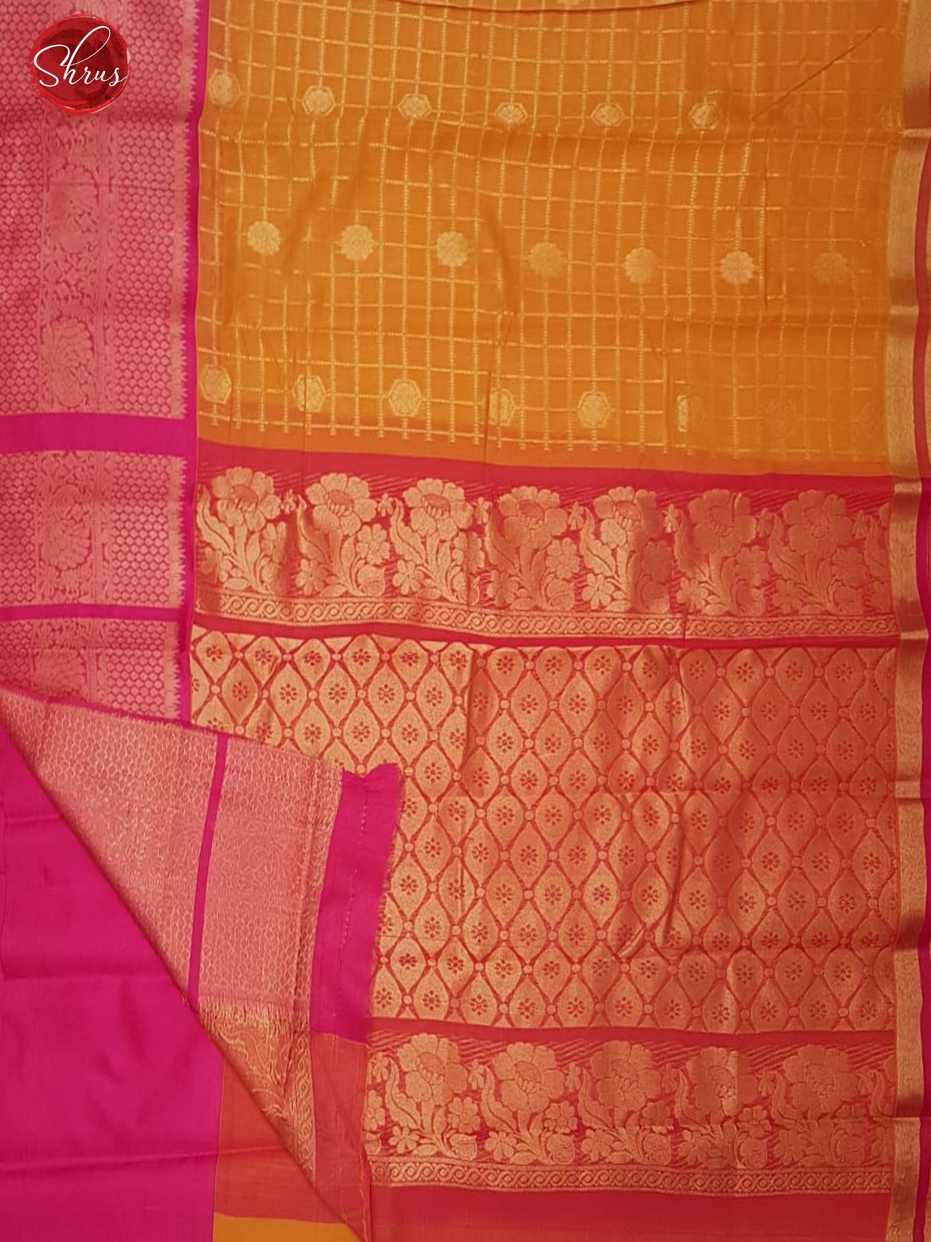 Mustard & Pink- Semi Kuppadam with Zari woven checks , buttas on the body& Contrast Zari Border - Shop on ShrusEternity.com