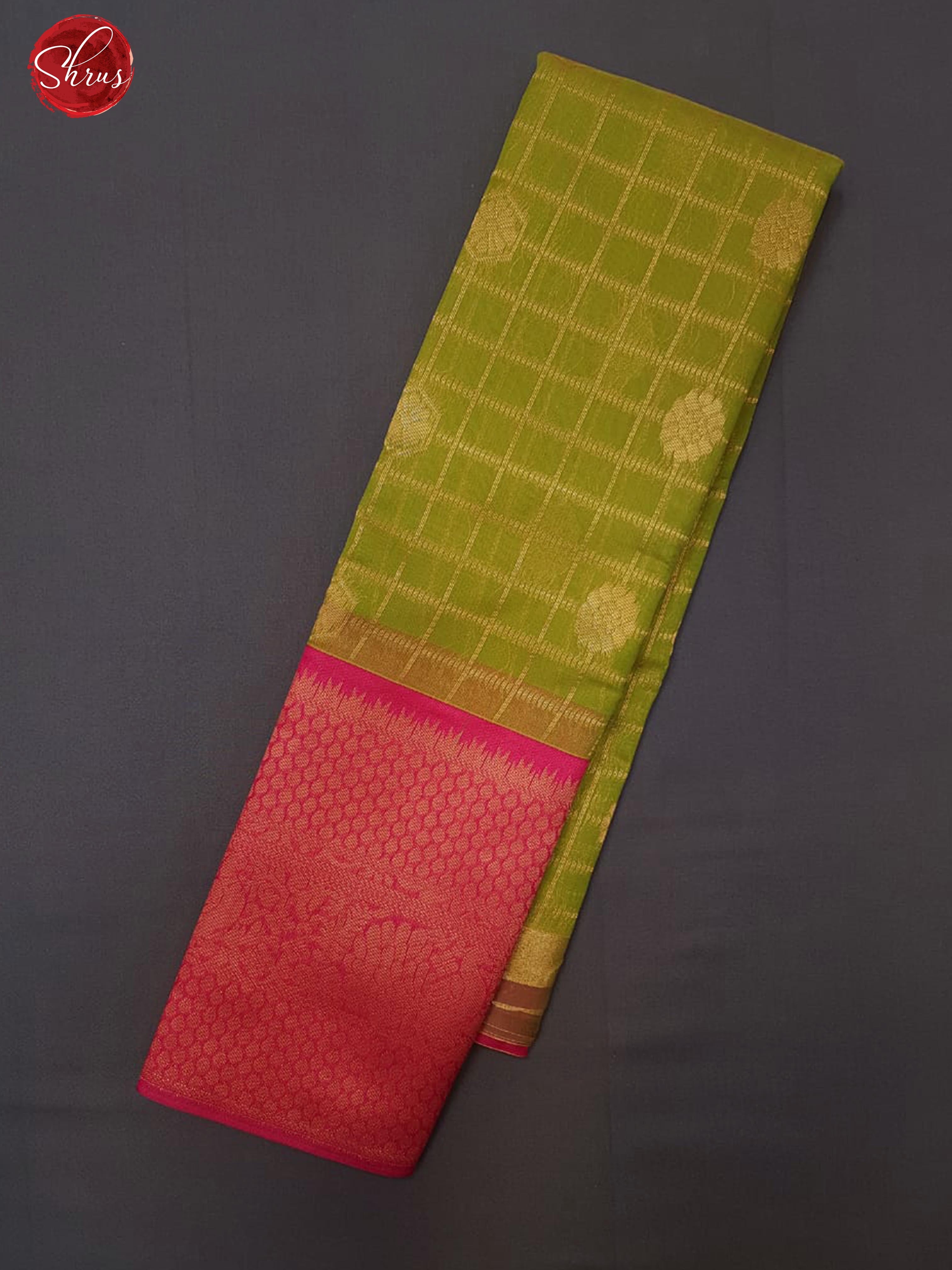 Green & Pink - Semi Kuppadam with Zari woven checks , buttas on the body& Contrast Zari Border - Shop on ShrusEternity.com