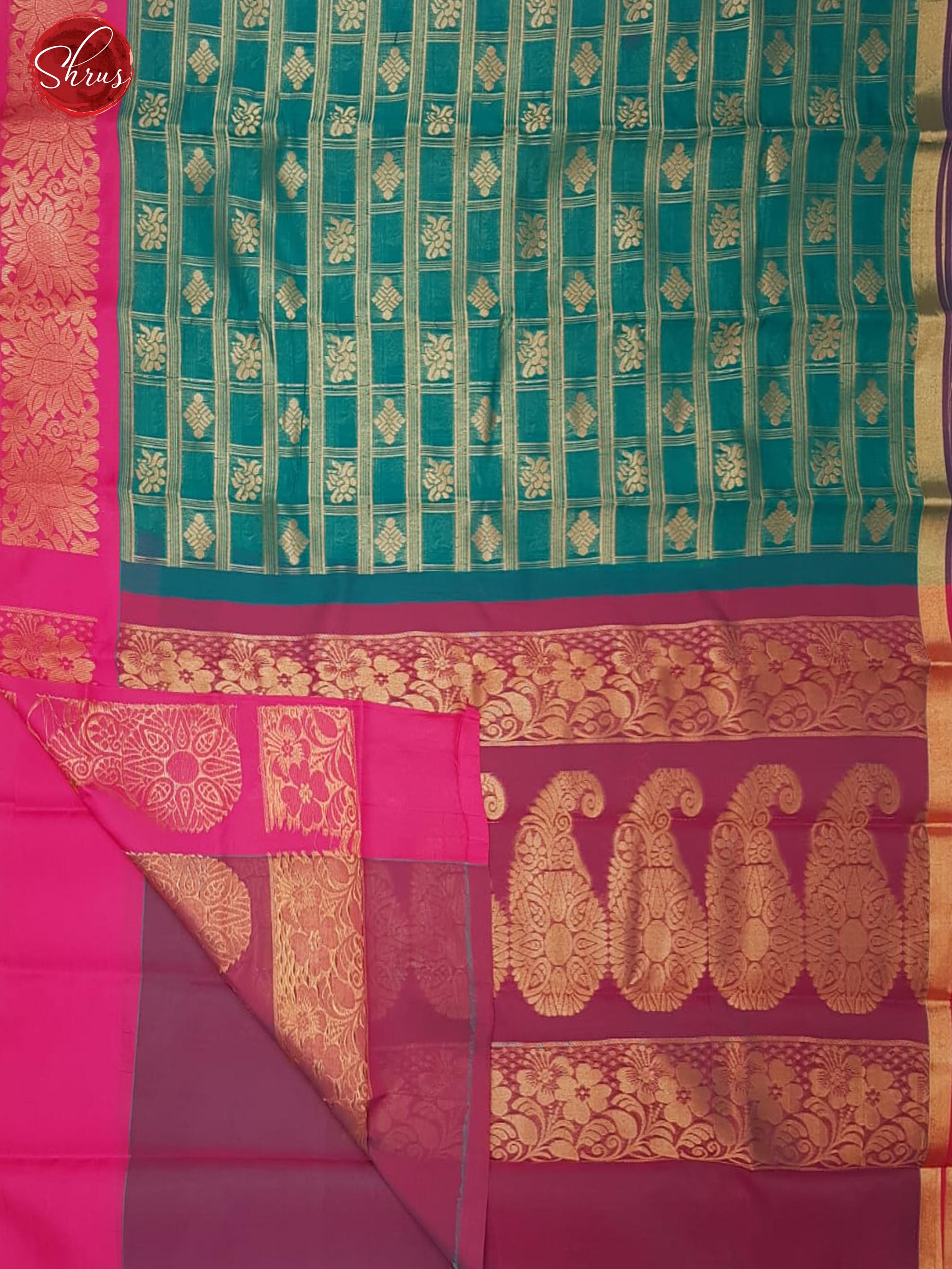 Green & Pink- Semi Kuppadam with Zari woven checks , buttas on the body & Contrast Zari Border - Shop on ShrusEternity.com